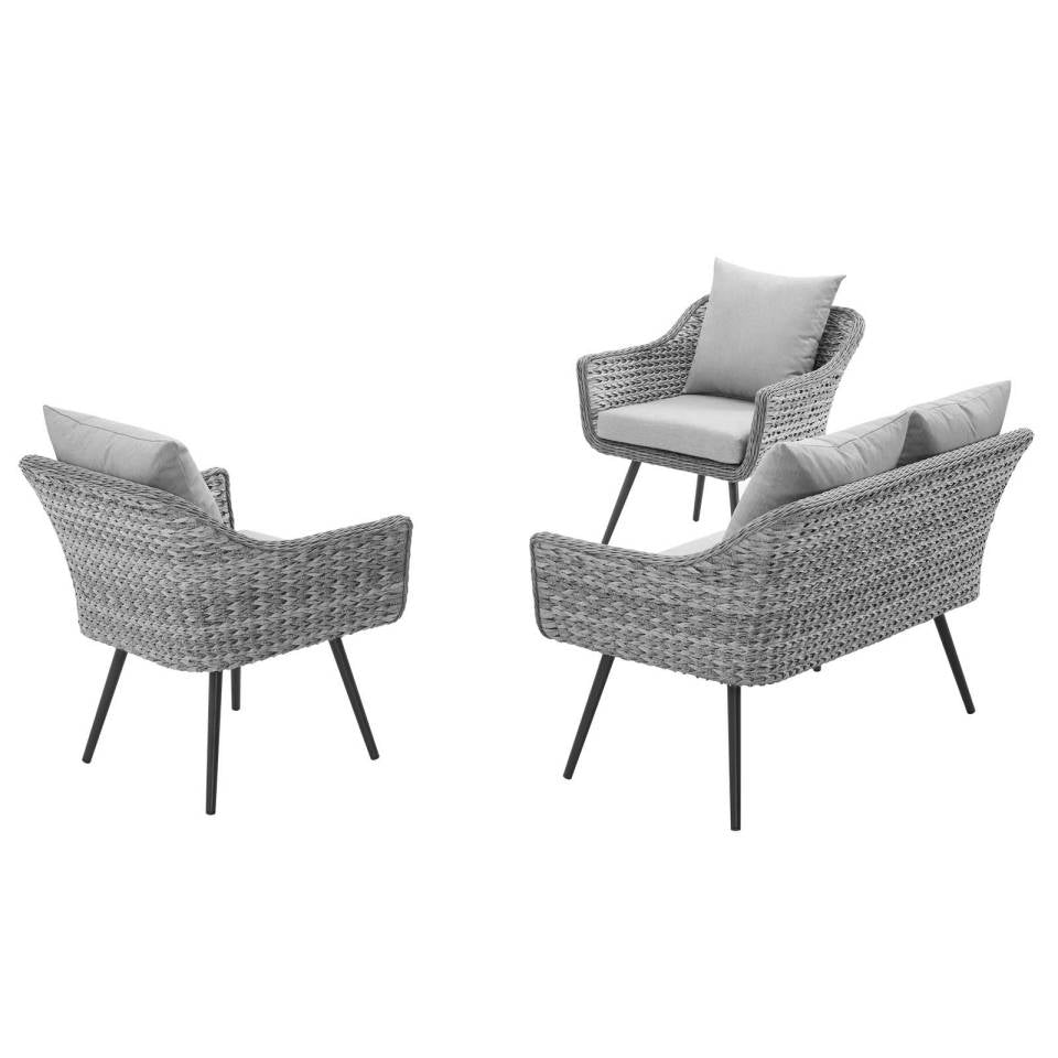 Modway Endeavor 3 Piece Outdoor Patio Wicker Rattan Loveseat and Armchair Set | Armchairs | 