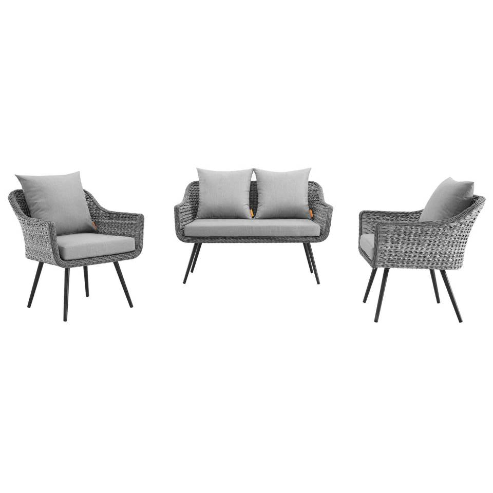 Modway Endeavor 3 Piece Outdoor Patio Wicker Rattan Loveseat and Armchair Set | Armchairs | 