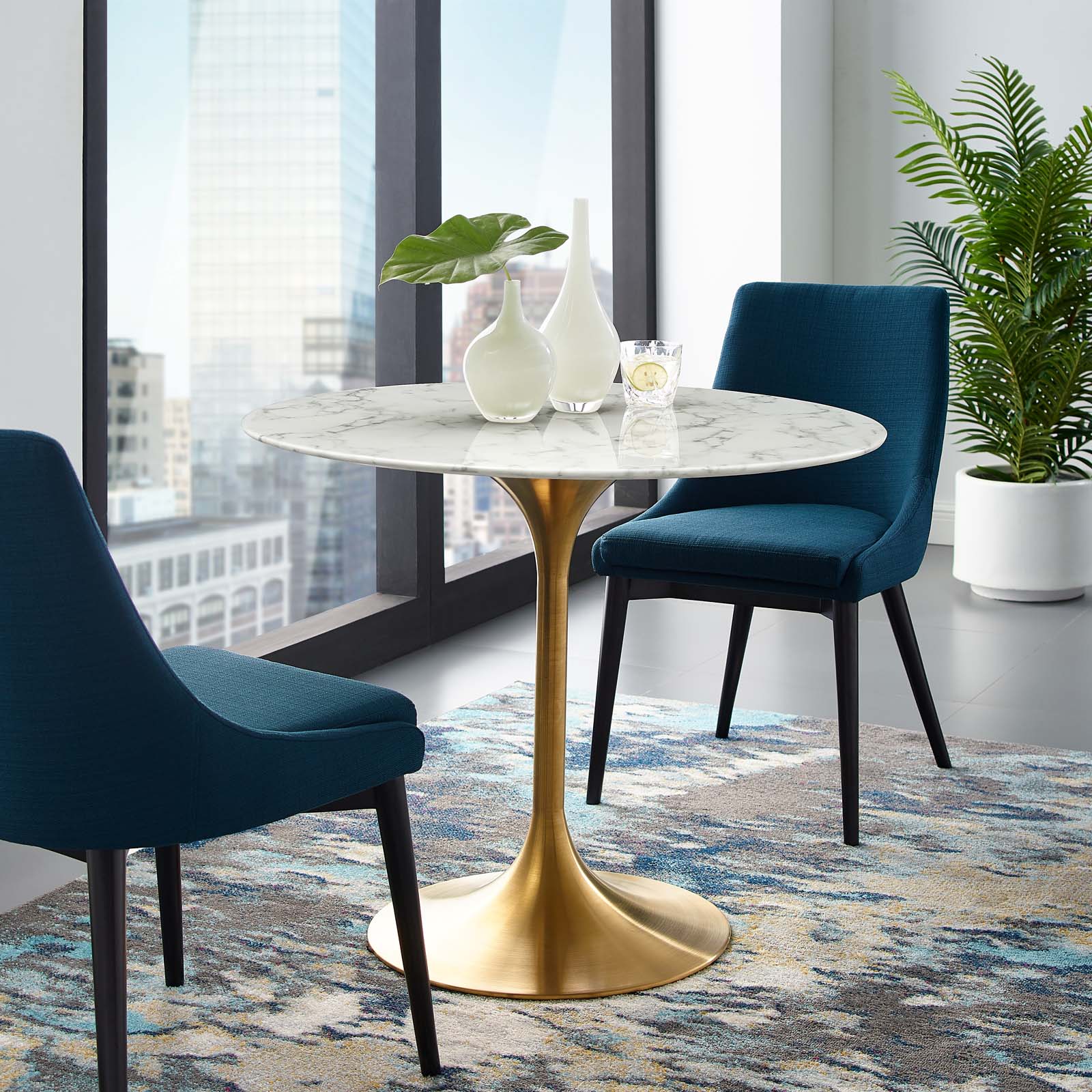 Modway Lippa 36" Round Artificial Marble Dining Table in Gold White | Dining Tables | Modishstore