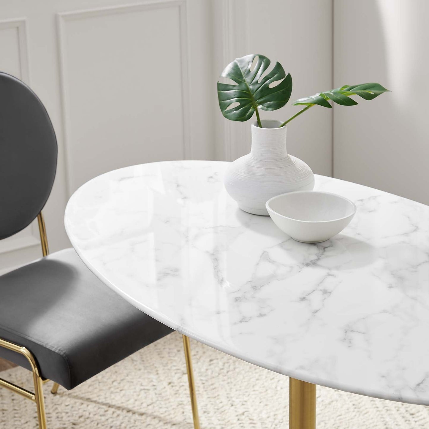 Modway Lippa 48" Oval Artificial Marble Dining Table in Gold White - EEI-3216