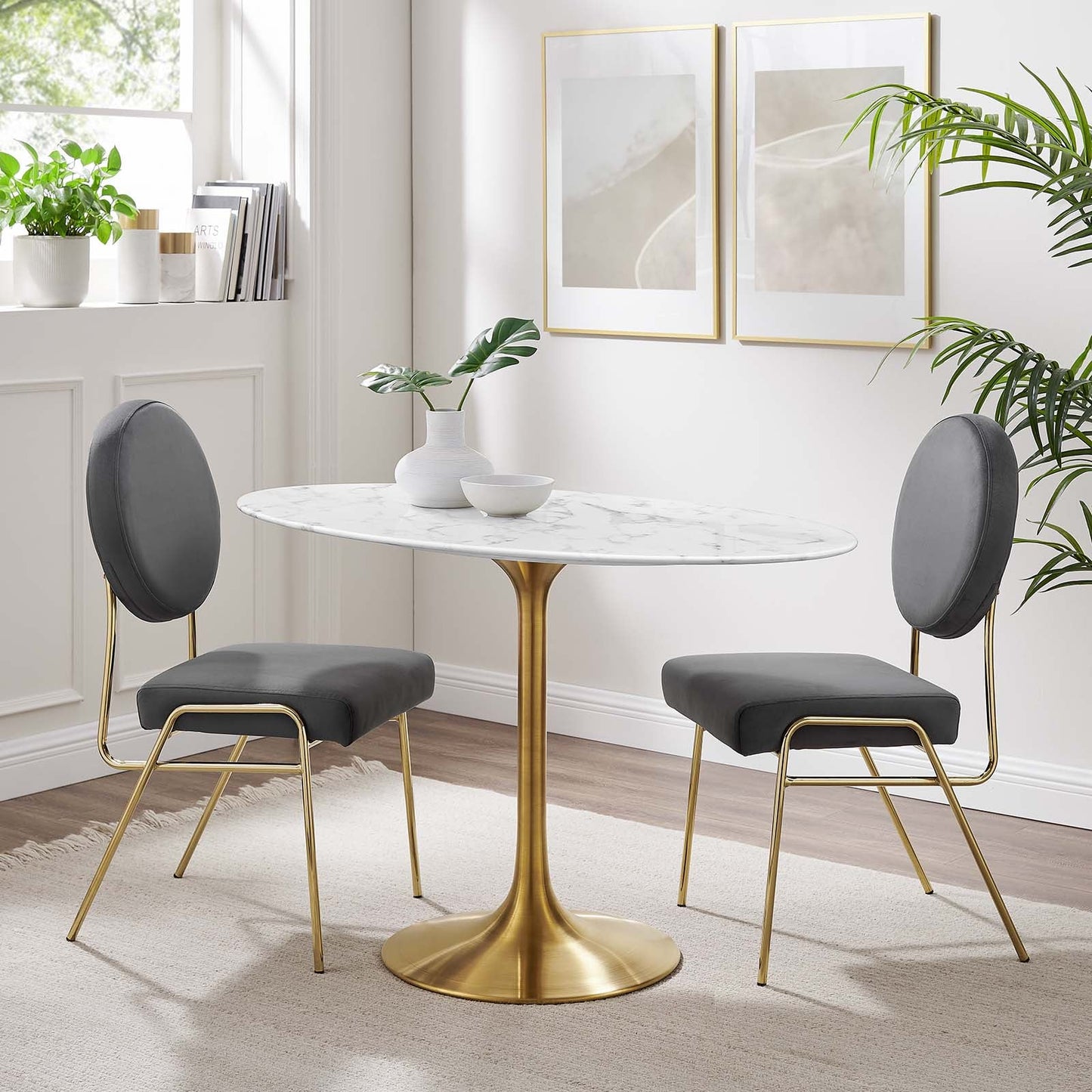 Modway Lippa 48" Oval Artificial Marble Dining Table in Gold White - EEI-3216