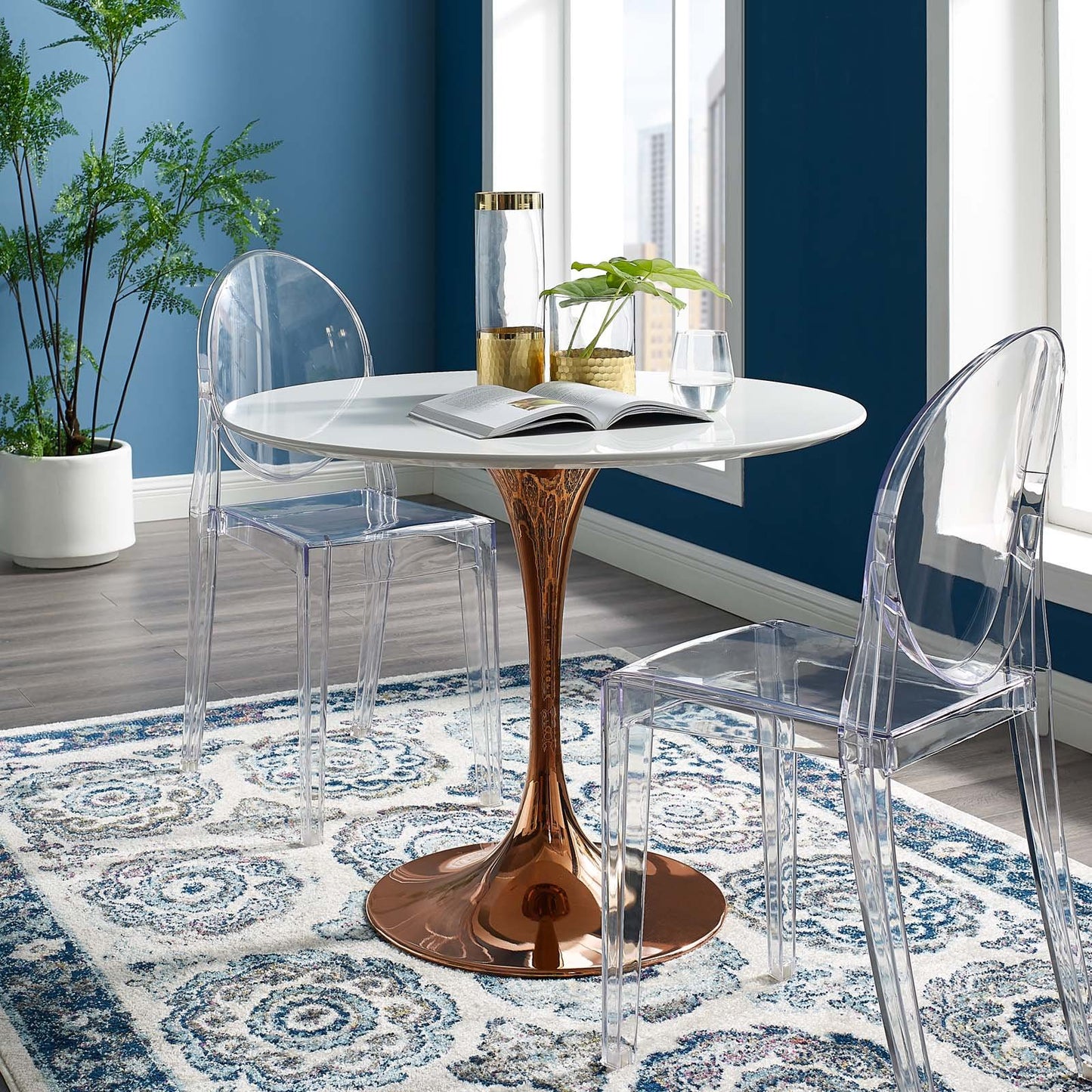 Modway Lippa 36" Round Artificial Marble Dining Table in Rose White