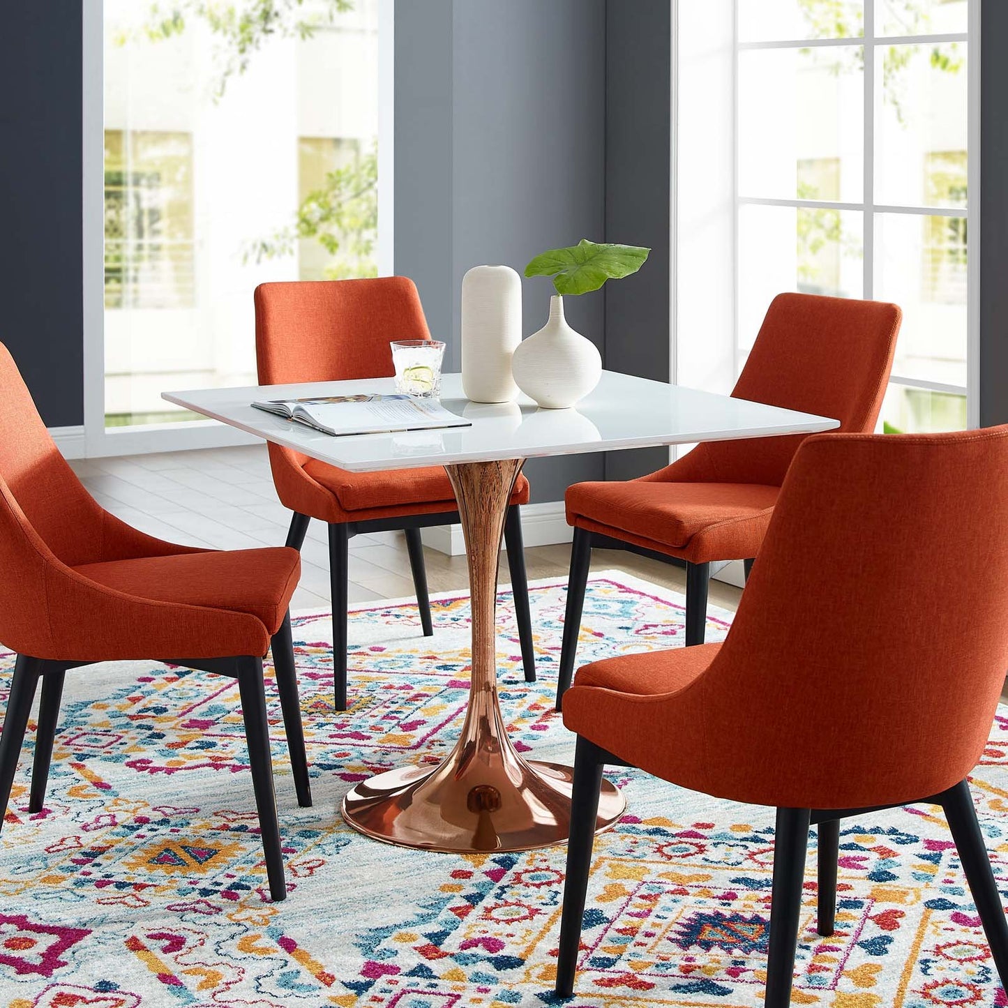 Modway Lippa 36" Square Wood Top Dining Table in Rose White