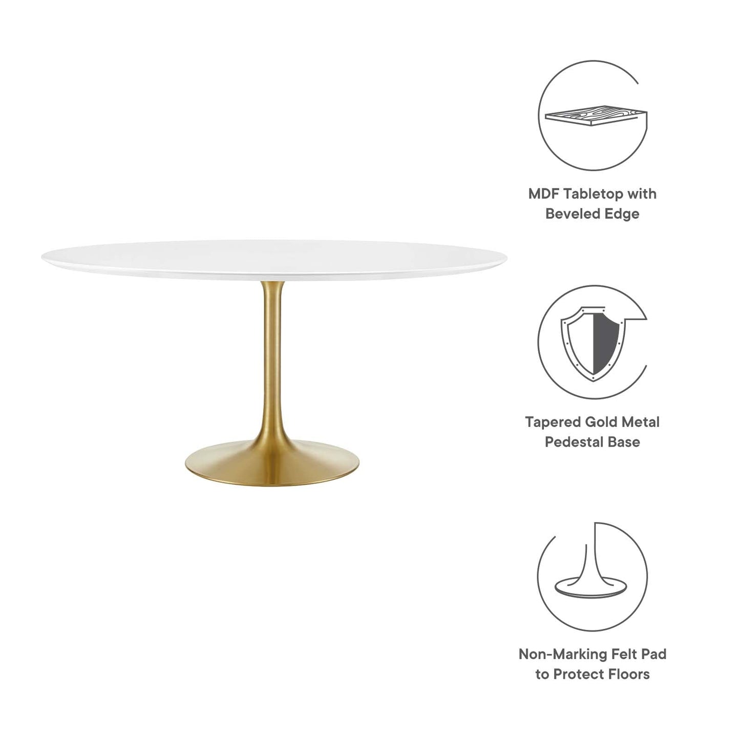 Modway Lippa 60" Round Wood Top Dining Table in Gold White - EEI-3229