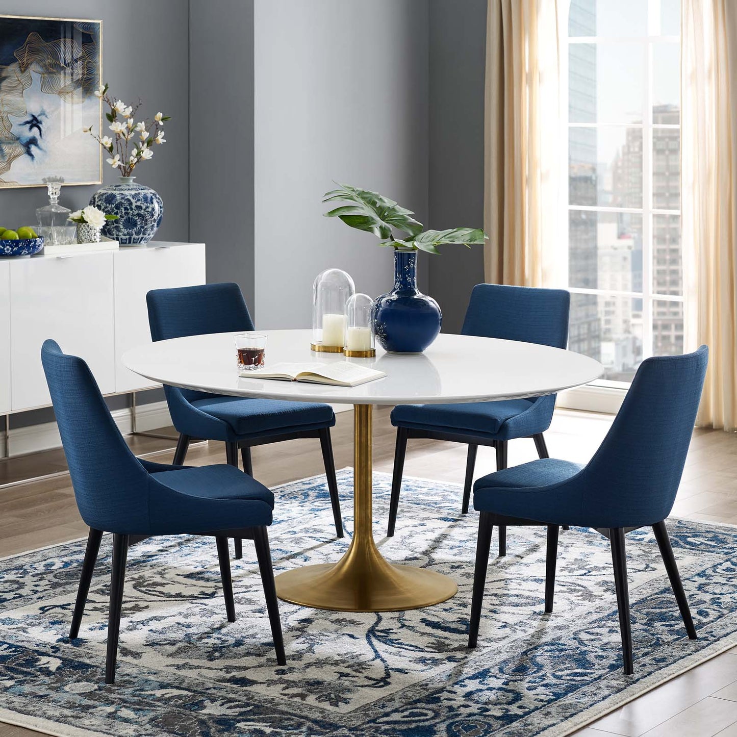 Modway Lippa 60" Round Wood Top Dining Table in Gold White | Dining Tables | Modishstore