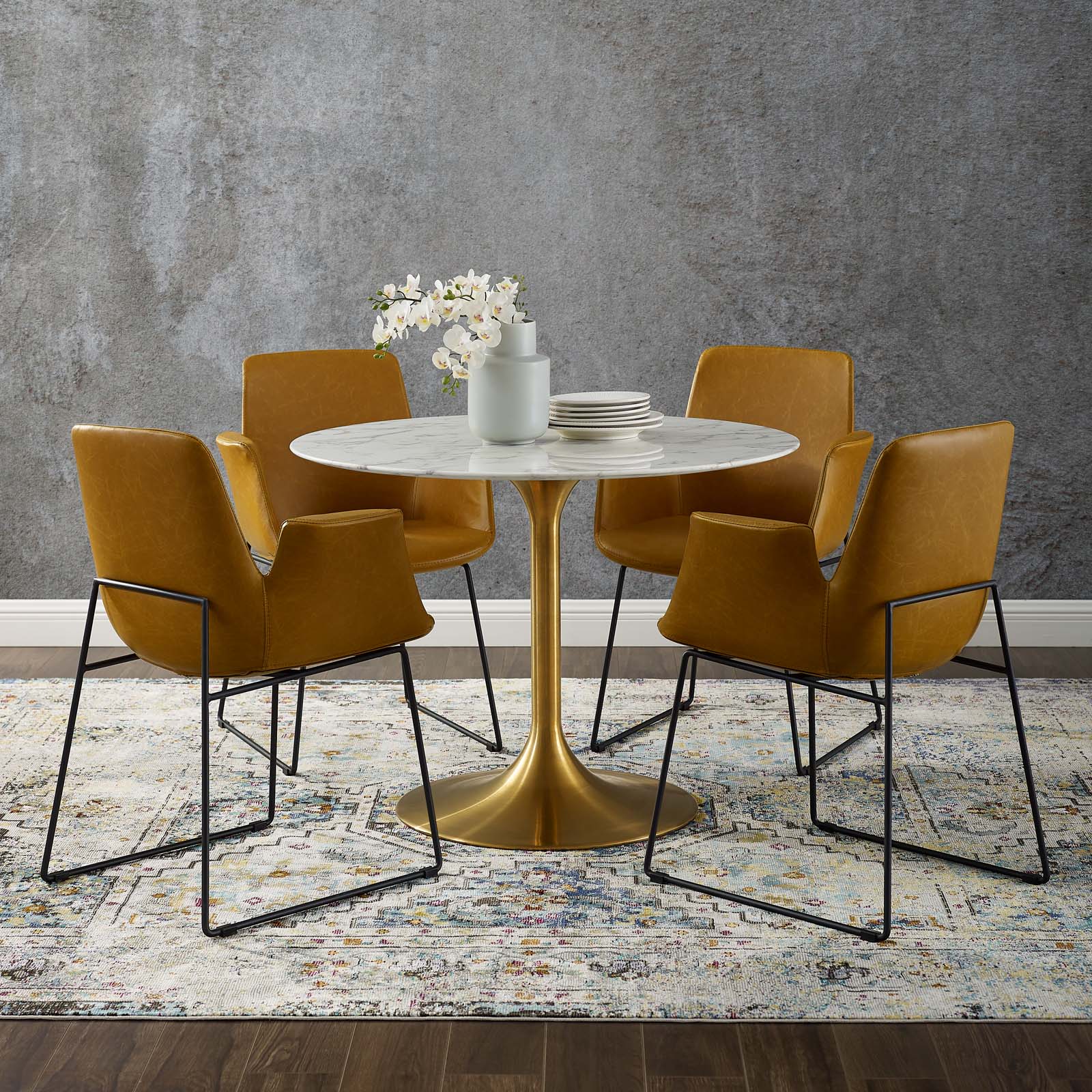 Modway Lippa 40" Round Artificial Marble Dining Table in Gold White | Dining Tables | Modishstore