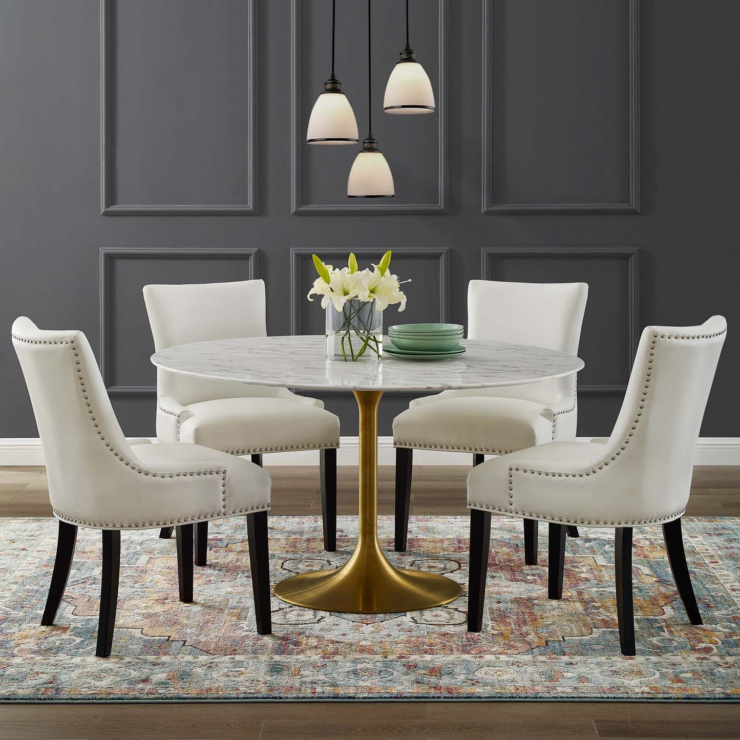 Modway Lippa 54" Round Artificial Marble Dining Table in Gold White | Dining Tables | Modishstore