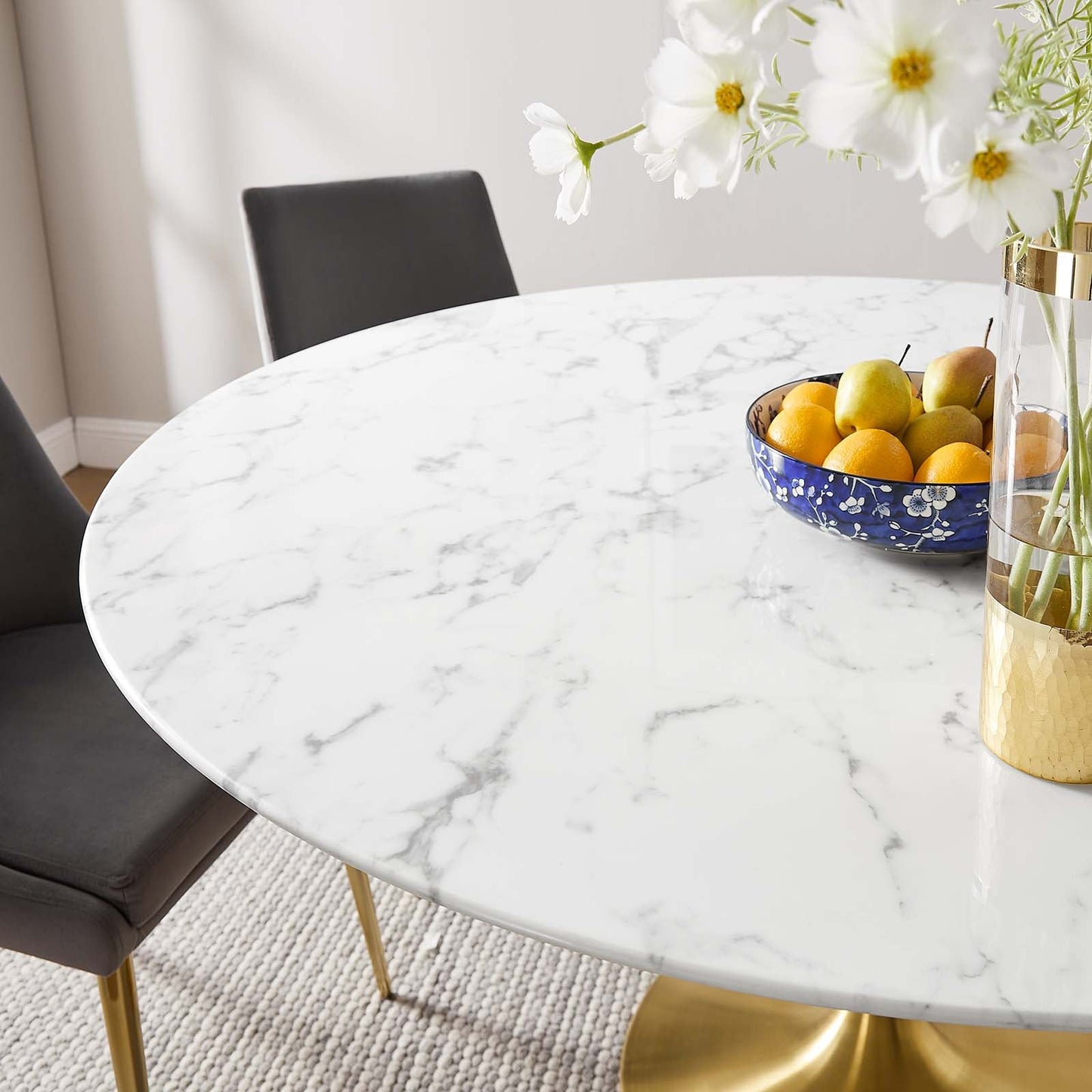 Modway Lippa 60" Round Artificial Marble Dining Table in Gold White - EEI-3234
