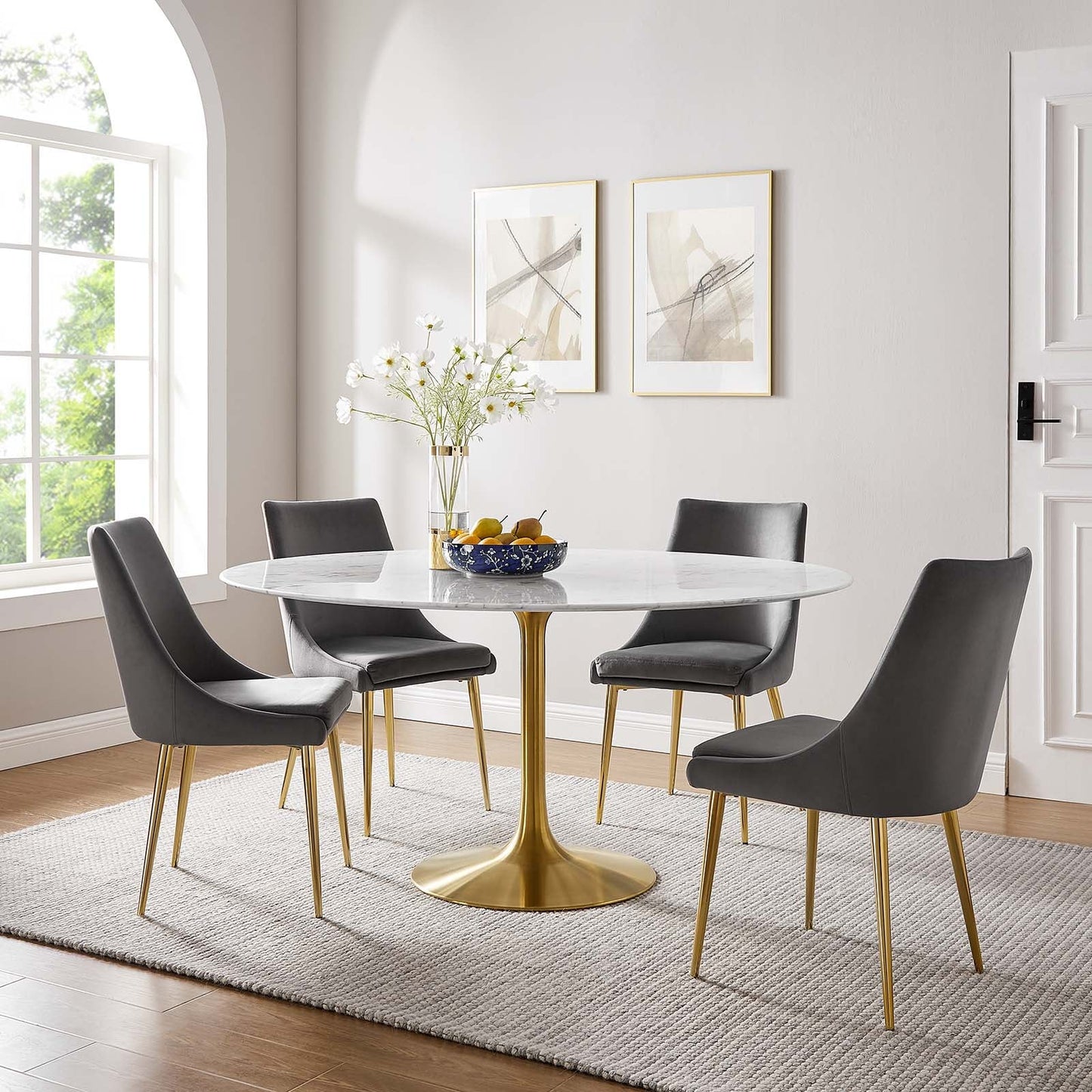 Modway Lippa 60" Round Artificial Marble Dining Table in Gold White - EEI-3234