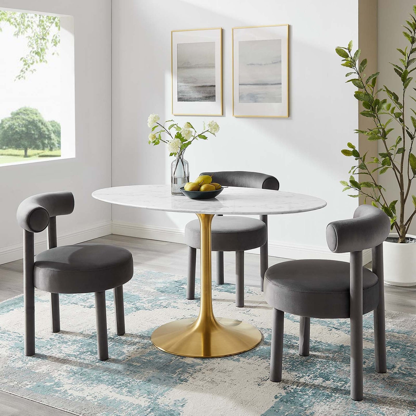 Modway Lippa 54" Oval Artificial Marble Dining Table in Gold White - EEI-3235