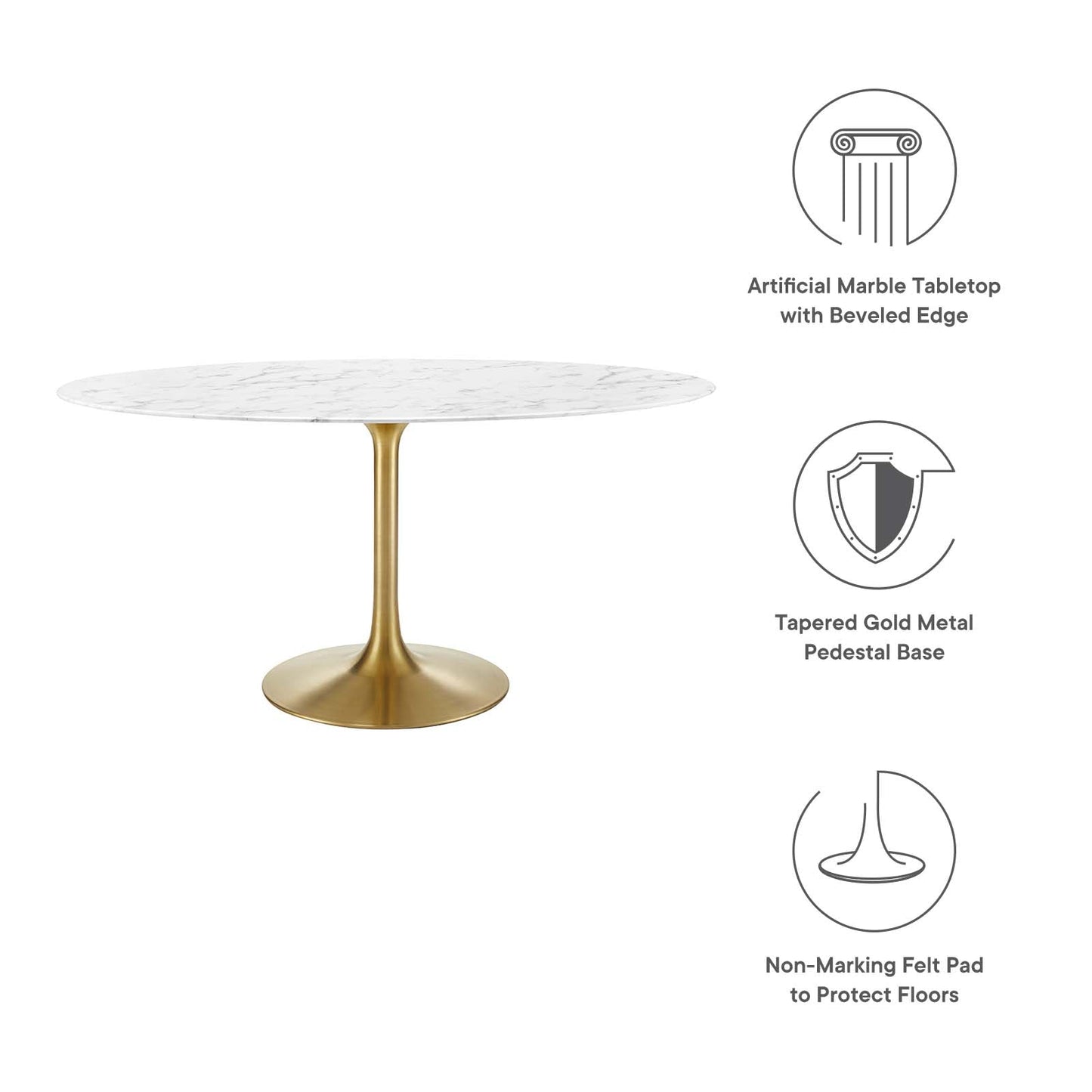 Modway Lippa 60" Oval Artificial Marble Dining Table in Gold White - EEI-3236