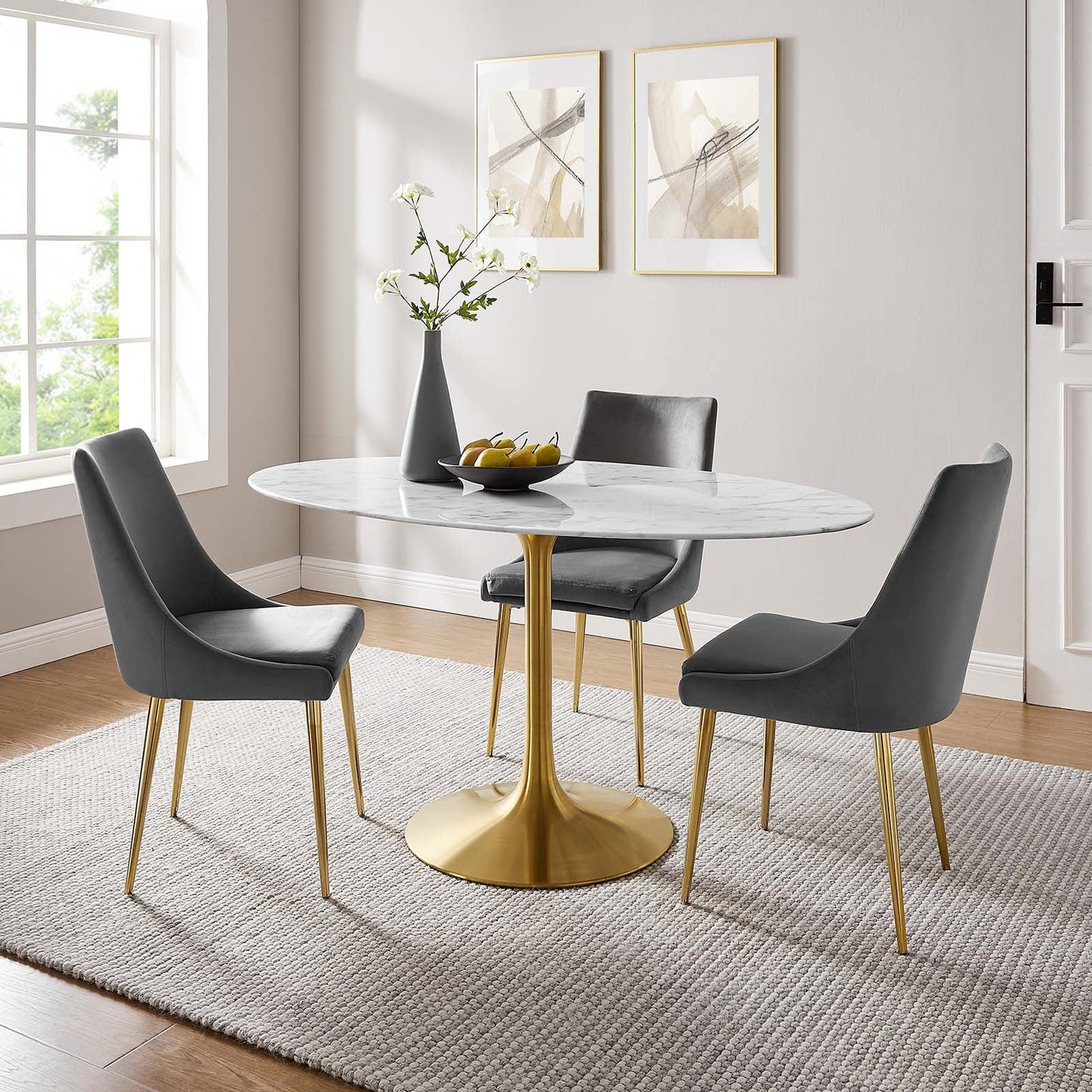Modway Lippa 60" Oval Artificial Marble Dining Table in Gold White - EEI-3236