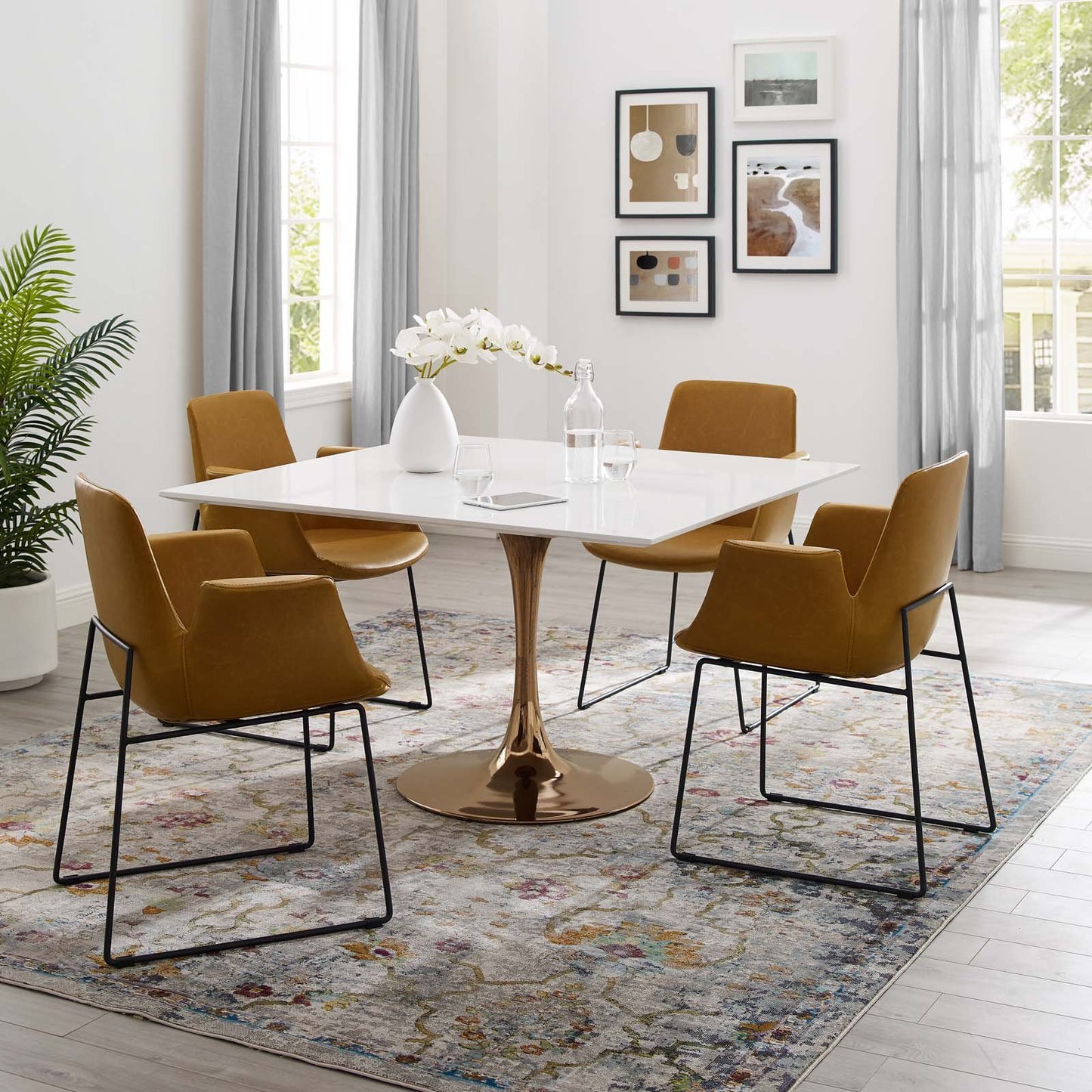 Modway Lippa 47" Square Wood Top Dining Table in Rose White