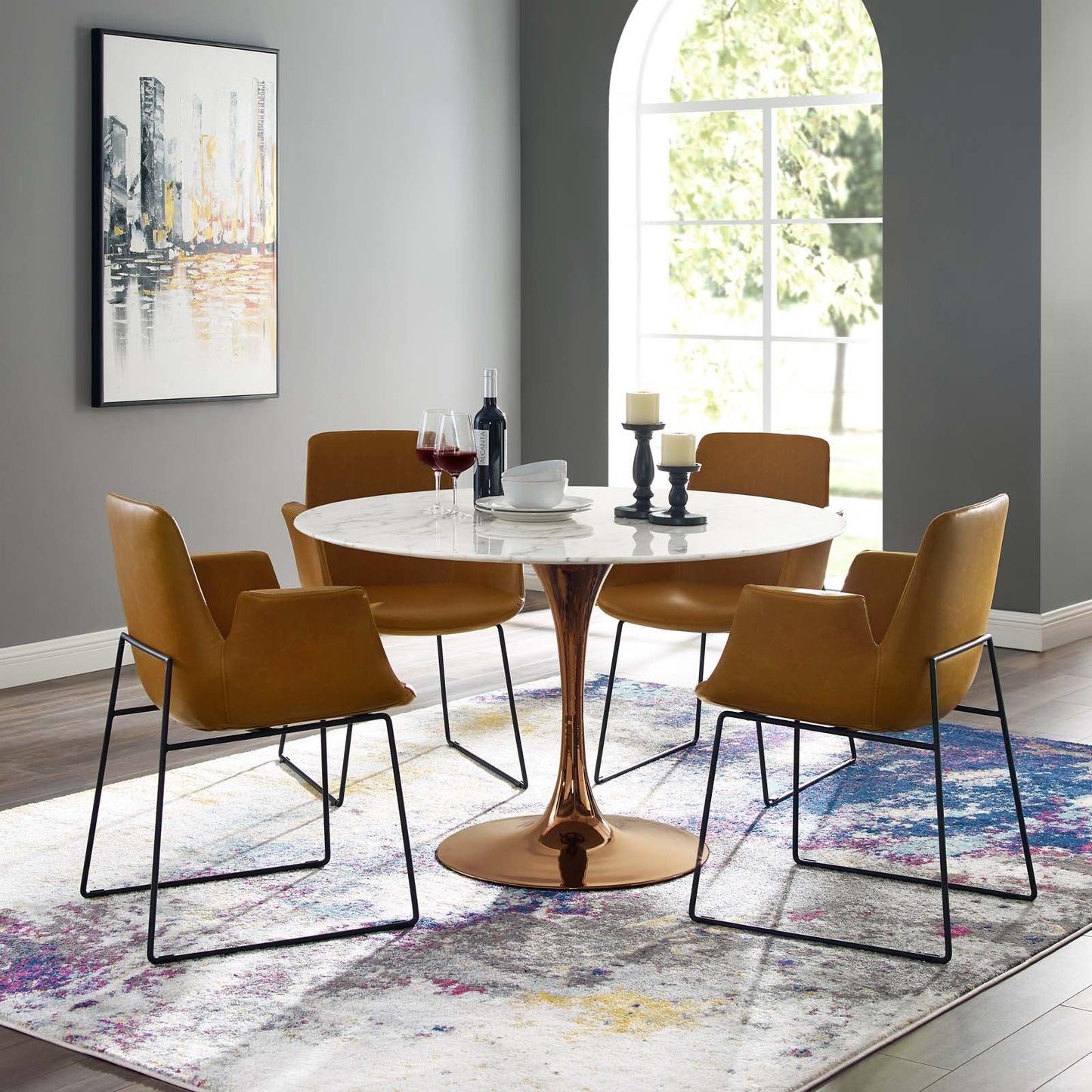 Modway Lippa 47" Round Artificial MArble Dining Table in Rose White