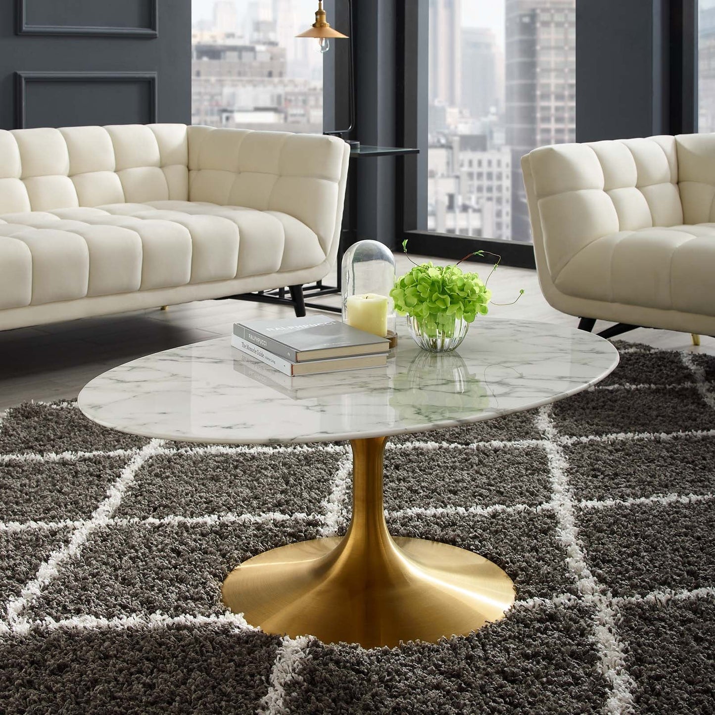 Modway Lippa 42" Oval-Shaped Coffee Table In Gold White - EEI-3249 | Coffee Tables | Modishstore