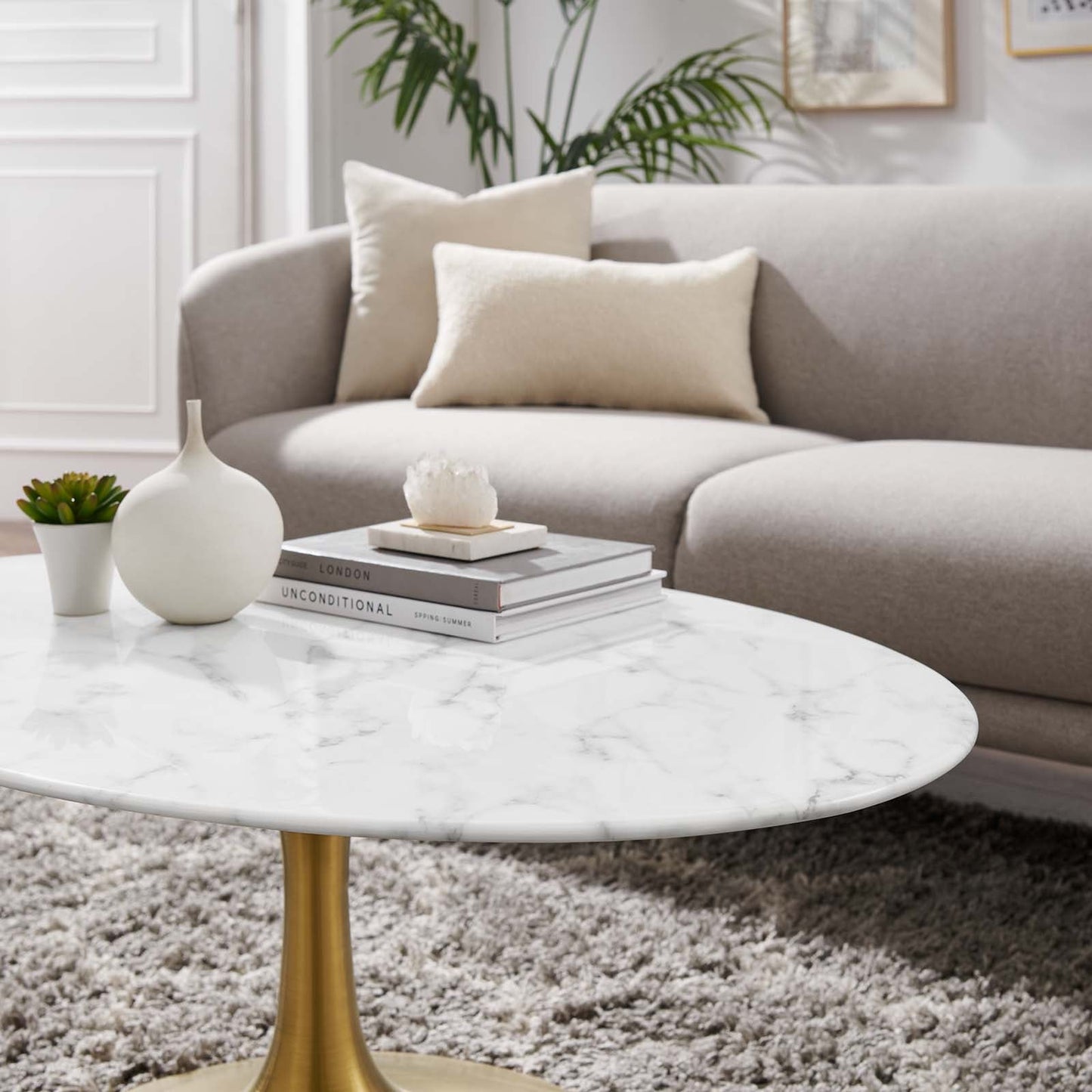 Modway Lippa 42" Oval-Shaped Coffee Table In Gold White - EEI-3249 - EEI-3249