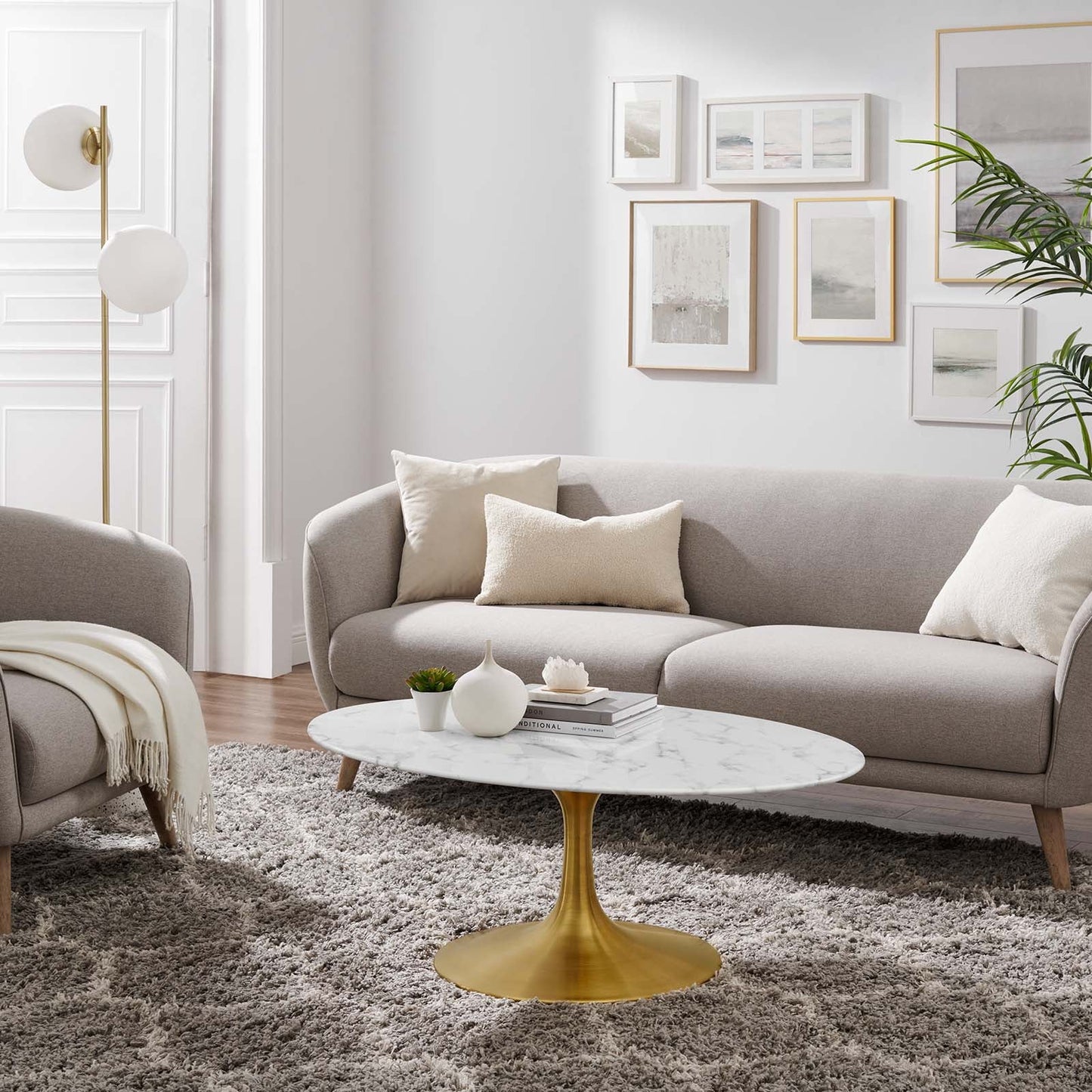 Modway Lippa 42" Oval-Shaped Coffee Table In Gold White - EEI-3249 - EEI-3249