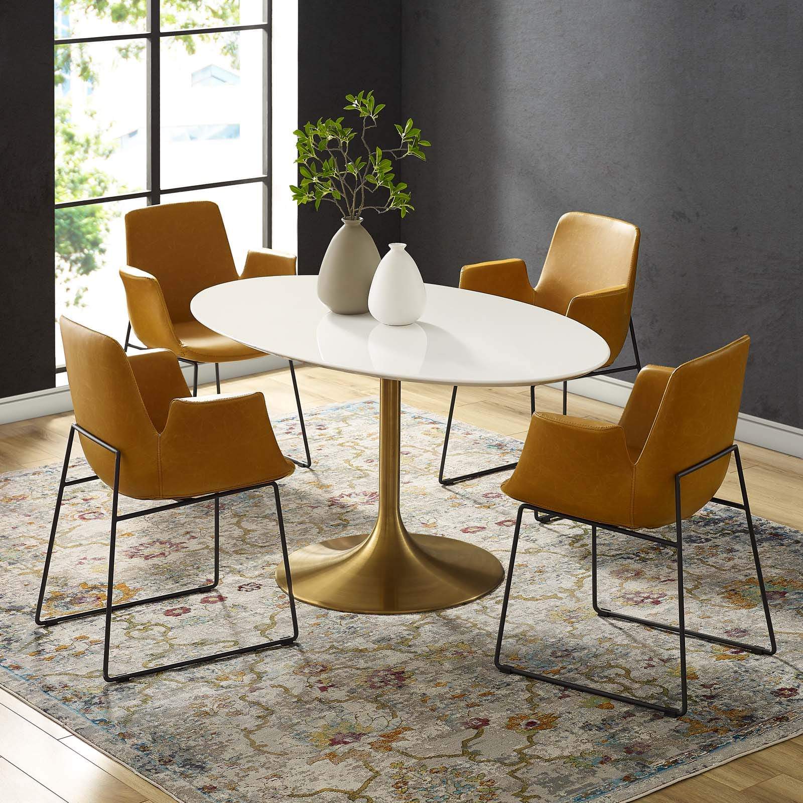 Modway Lippa 60" Oval Wood Dining Table in Gold White - Lifestyle Image