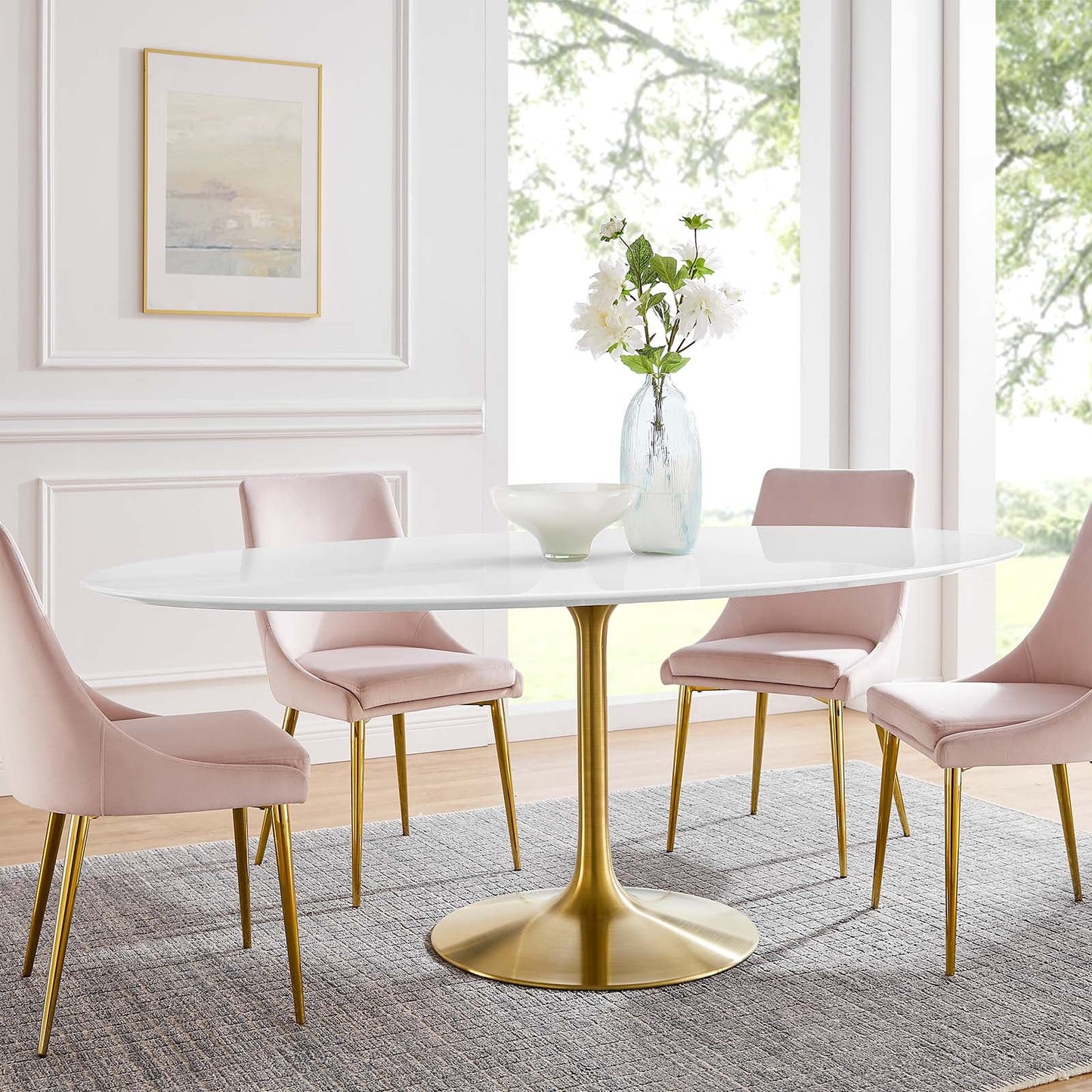 Modway Lippa 78" Oval Wood Top Dining Table in Gold White - EEI-3255