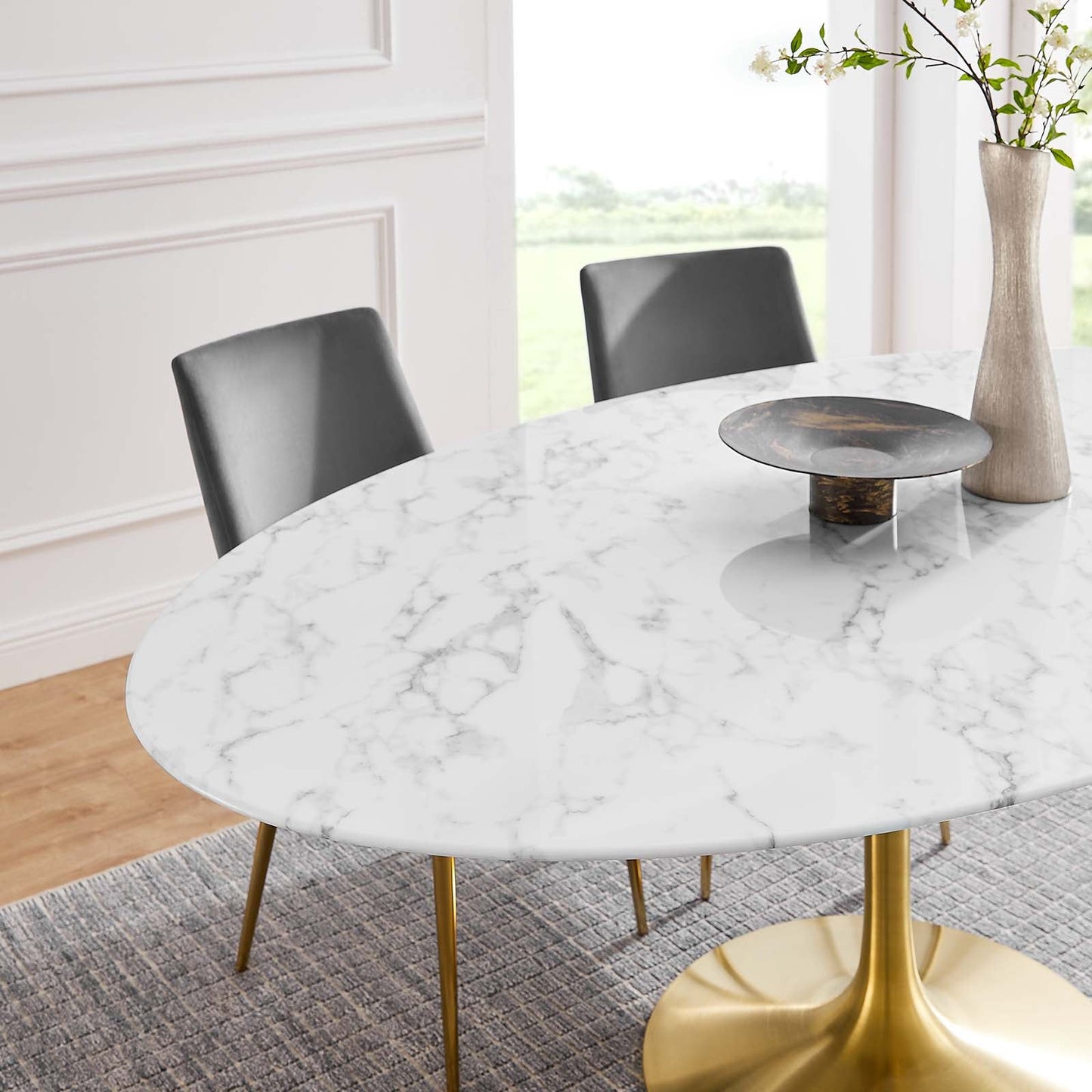 Modway Lippa 78" Oval Artificial Marble Dining Table in Gold White - EEI-3257