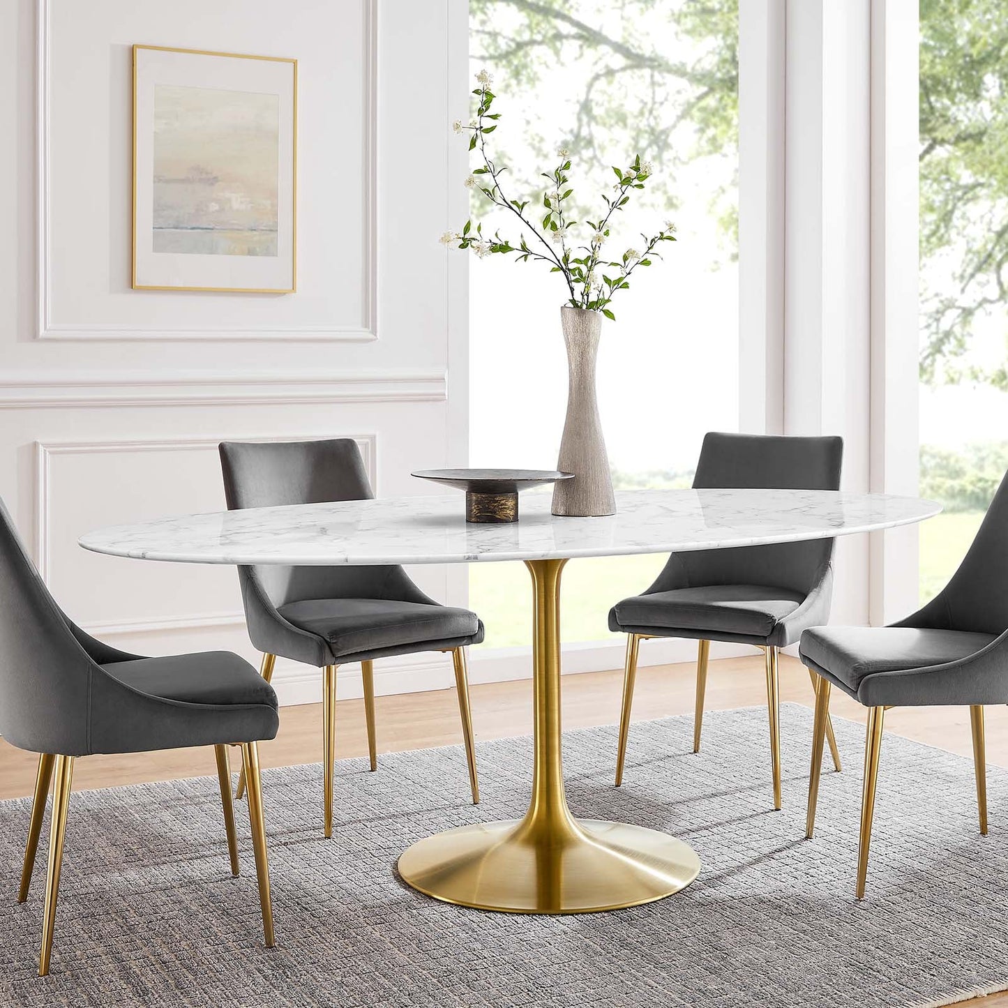 Modway Lippa 78" Oval Artificial Marble Dining Table in Gold White - EEI-3257