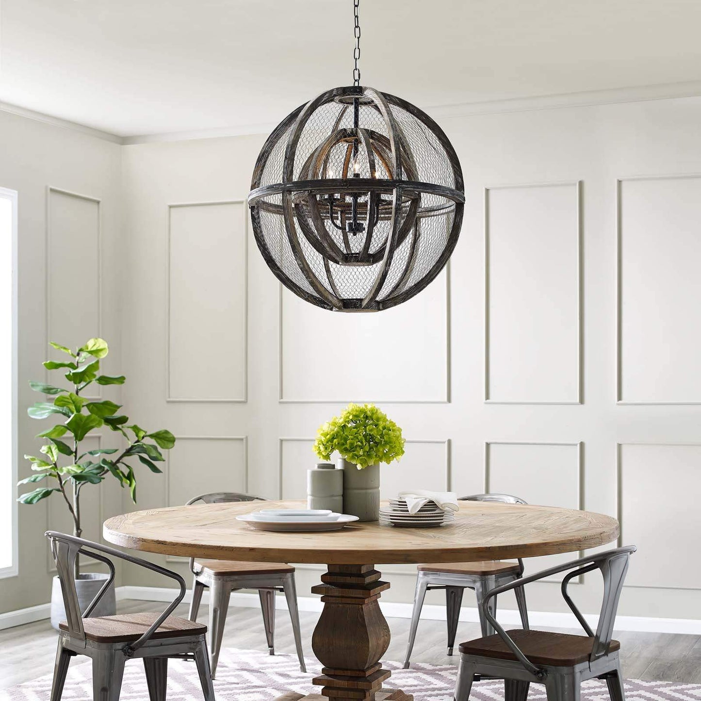Modway Gravitate Globe Rustic Oak Wood Pendant Light Chandelier