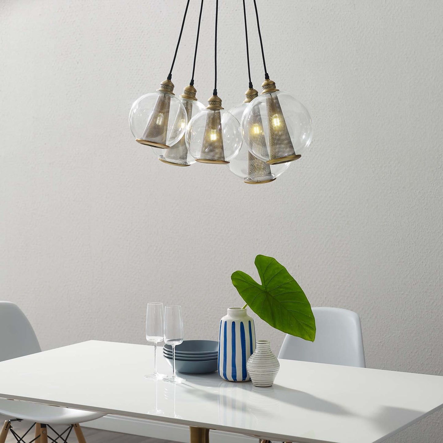 Modway Peak Brass Cone And Glass Globe Cluster Pendant Light Chandelier