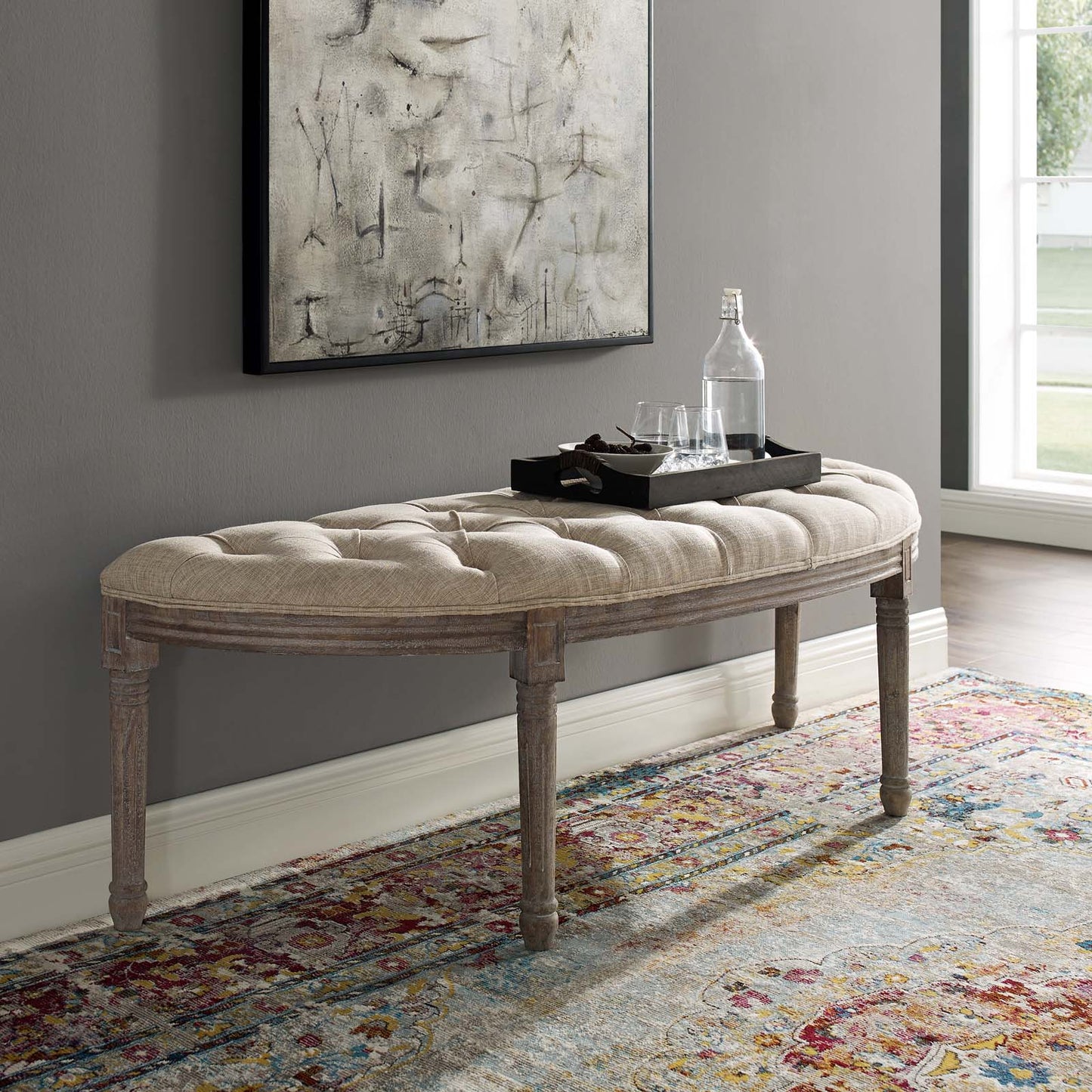 Modway Esteem Vintage French Upholstered Fabric Semi-Circle Bench | Stools & Benches