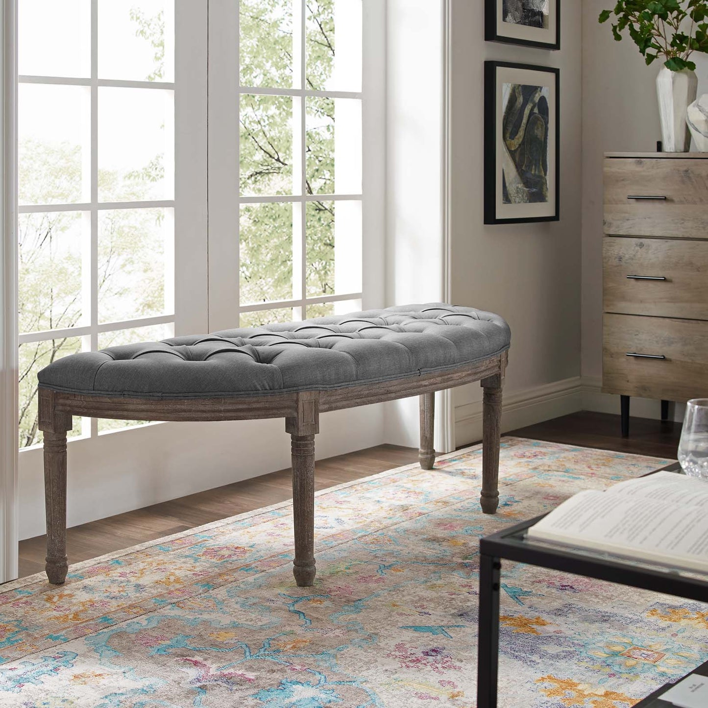 Modway Esteem Vintage French Upholstered Fabric Semi-Circle Bench | Stools & Benches | 