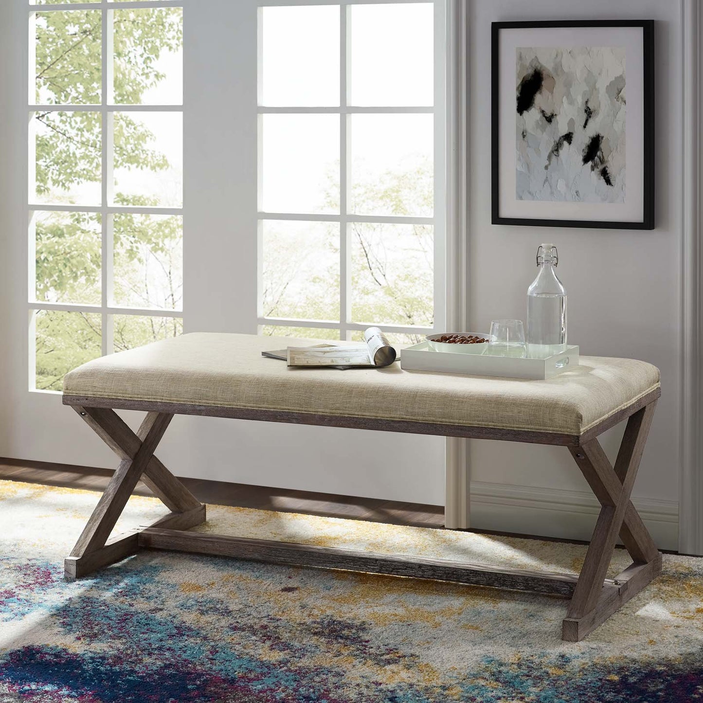 Modway Province Vintage French X-Brace Upholstered Fabric Bench