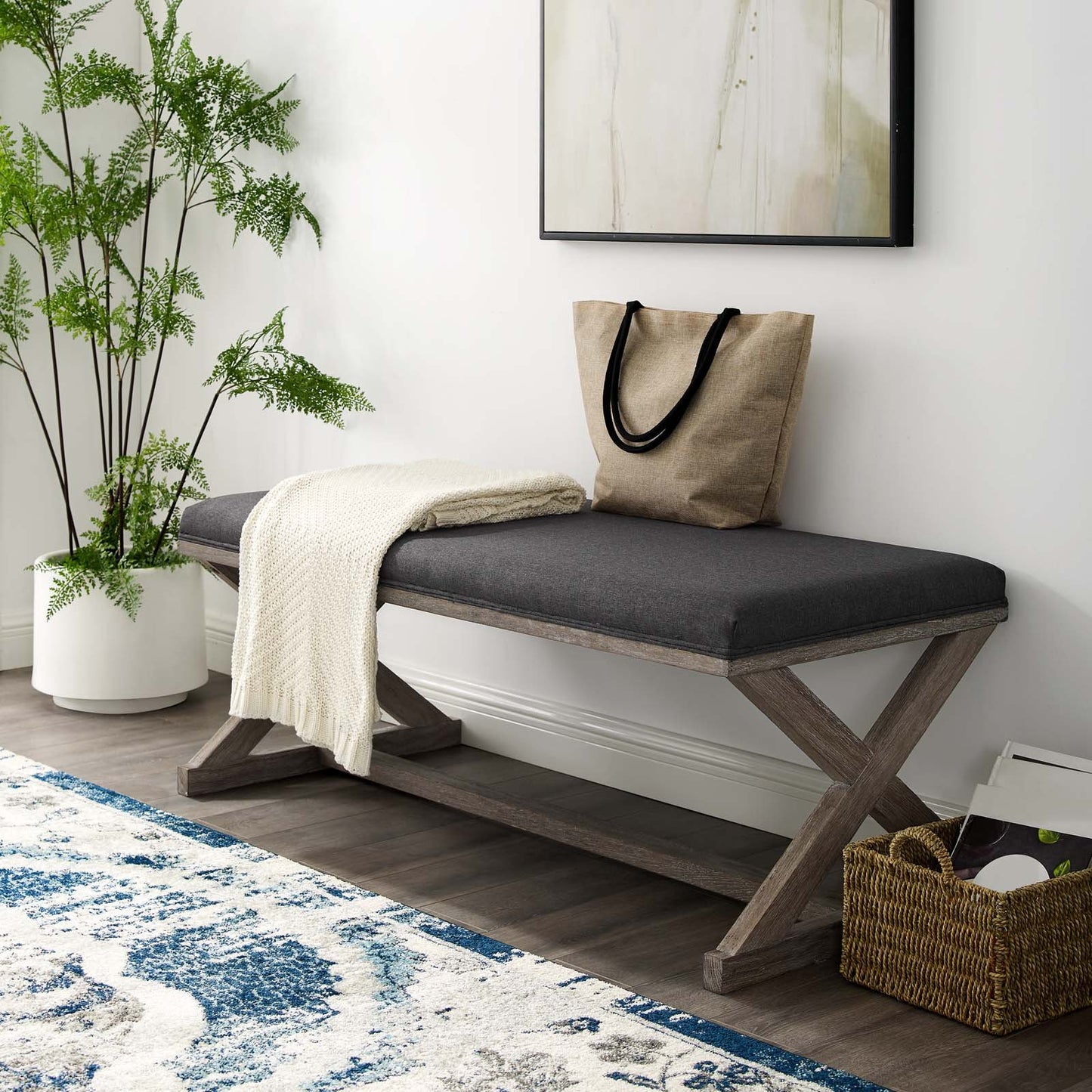 Modway Province Vintage French X-Brace Upholstered Fabric Bench