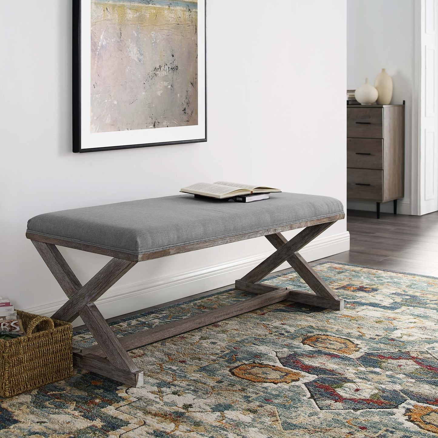 Modway Province Vintage French X-Brace Upholstered Fabric Bench