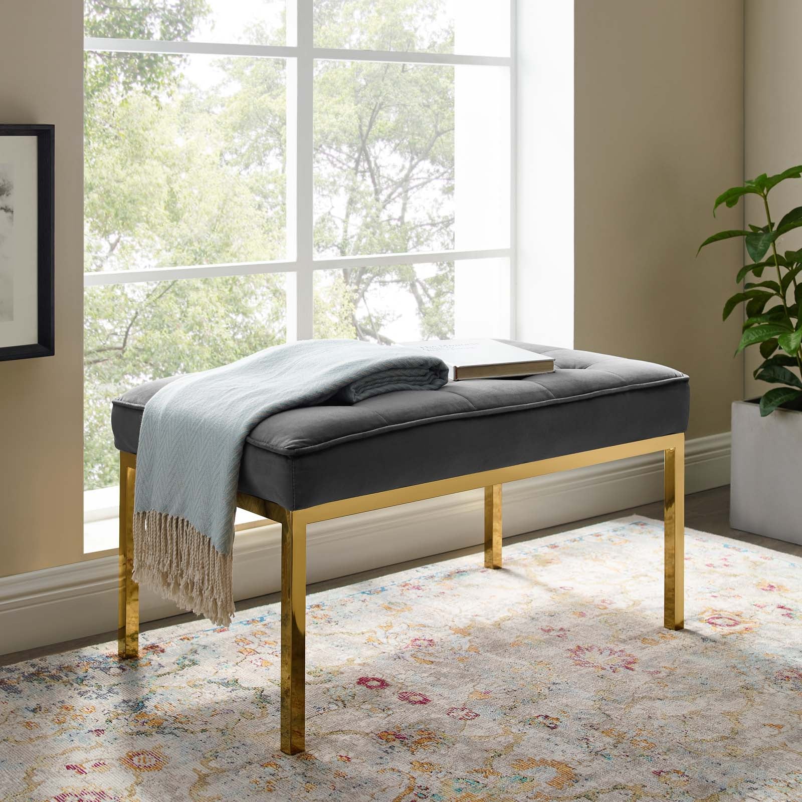 Modway Loft Gold Stainless Steel Leg Medium Performance Velvet Bench | Stools & Benches | Modishstore