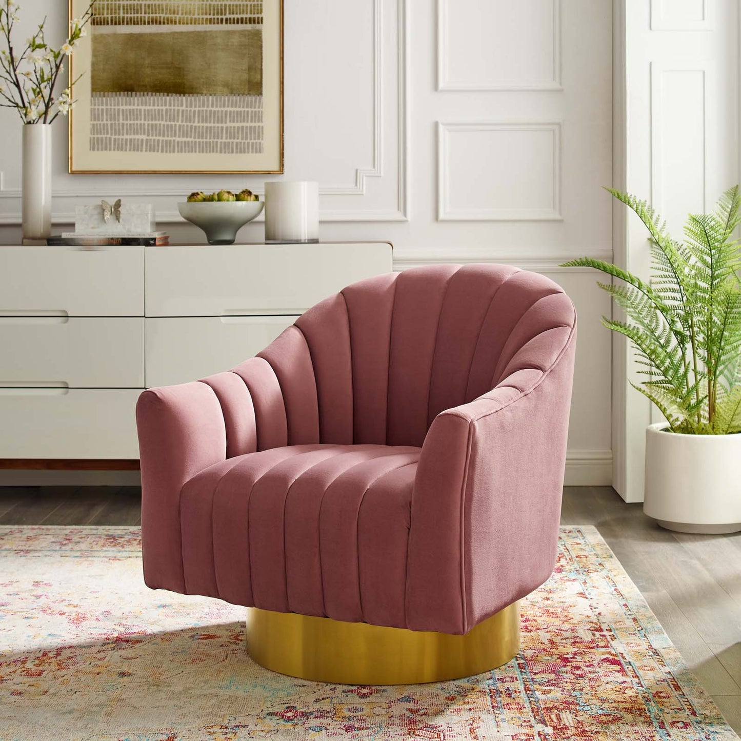 Modway Buoyant Vertical Channel Tufted Accent Lounge Performance Velvet Swivel Chair | Lounge Chairs