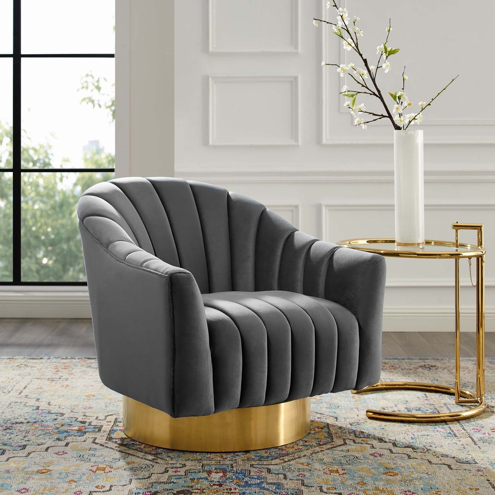 Modway Buoyant Vertical Channel Tufted Accent Lounge Performance Velvet Swivel Chair | Lounge Chairs | 