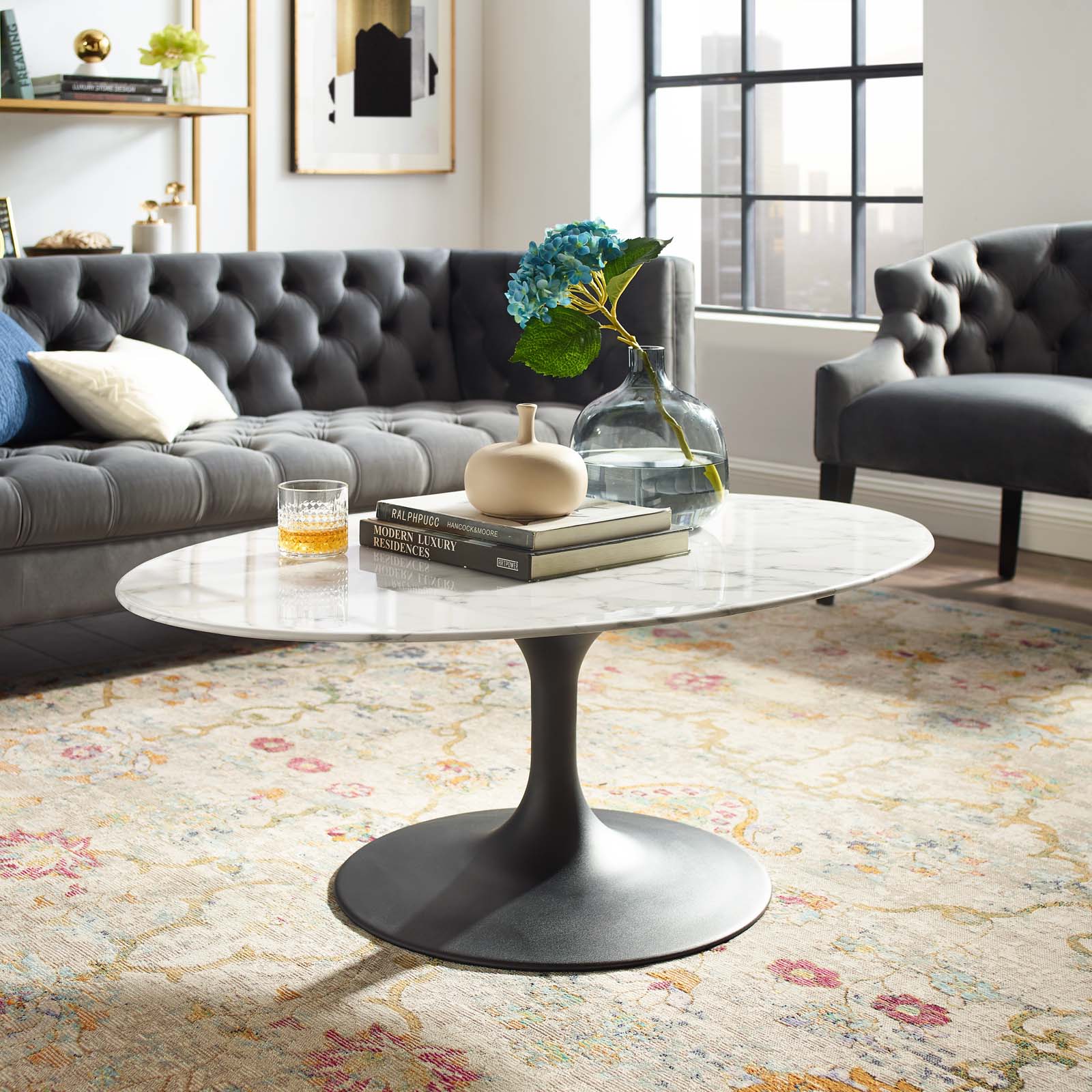 Modway Lippa 42" Oval-Shaped Artificial Marble Coffee Table-EEI-3534 | Coffee Tables | Modishstore