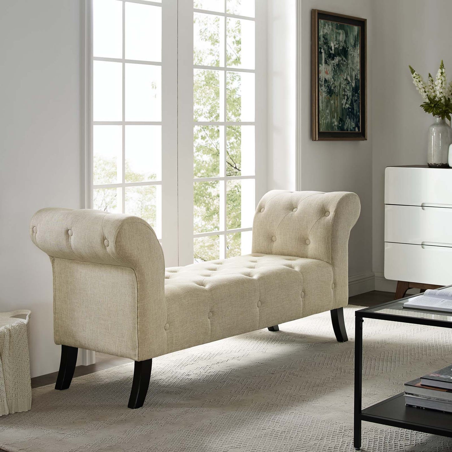 Modway Evince Button Tufted Accent Upholstered Fabric Bench | Stools & Benches
