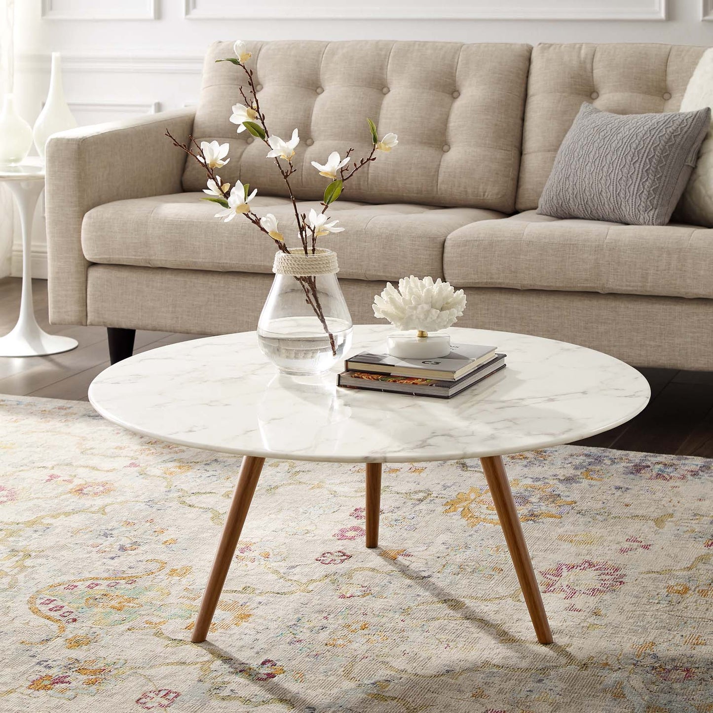 Modway Lippa 36" Round Artificial Marble Coffee Table with Tripod Base | Coffee Tables | Modishstore