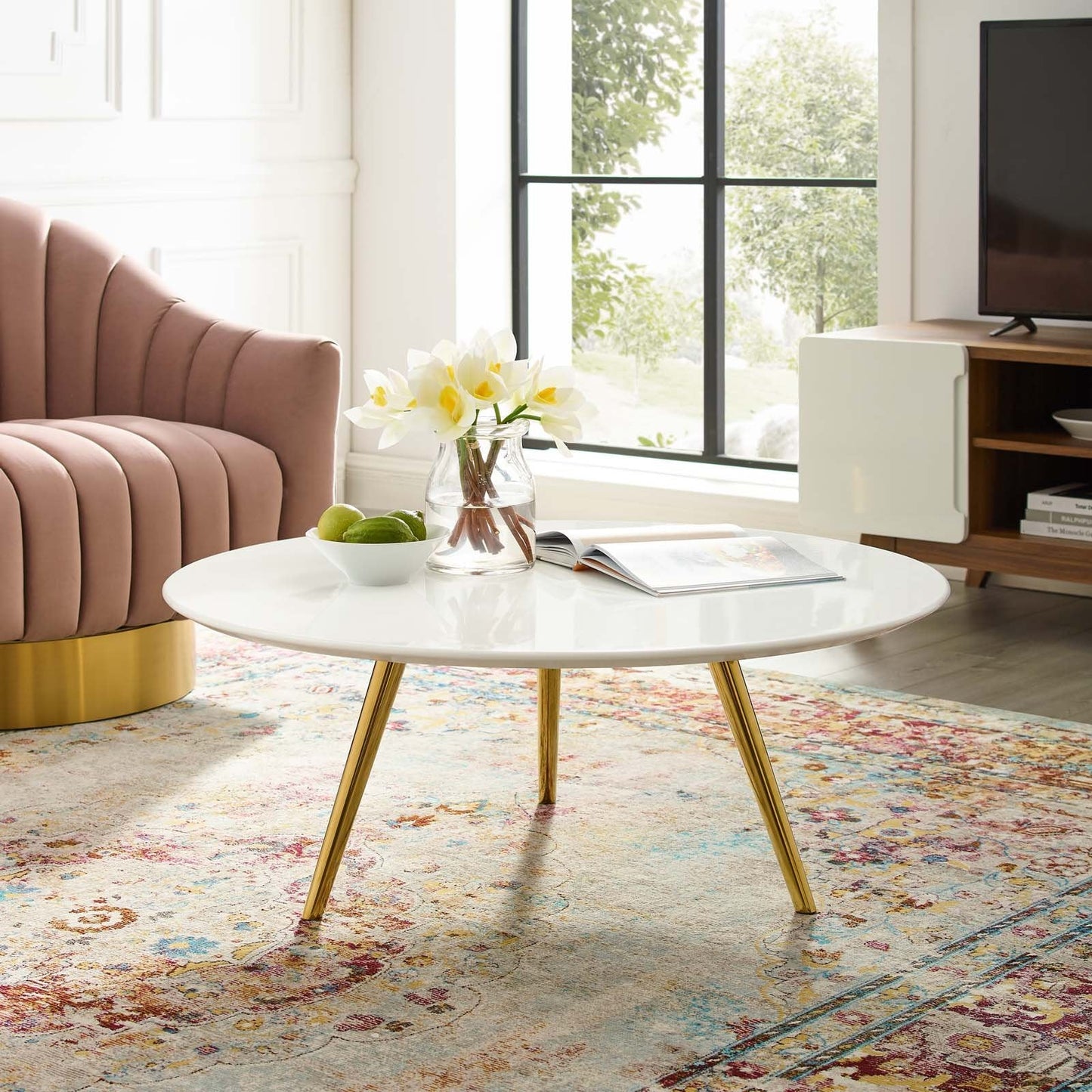 Modway Lippa 36" Round Wood Top Coffee Table with Tripod Base in Gold White | Coffee Tables | Modishstore-2