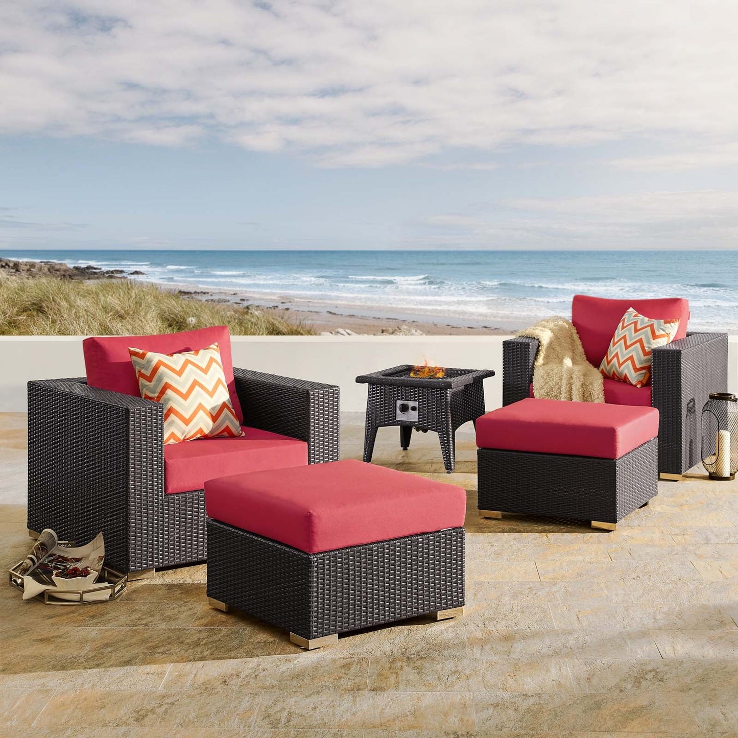 Modway Convene 5 Piece Set Outdoor Patio with Fire Pit-EEI-3726 | Outdoor Sofas, Loveseats & Sectionals | 