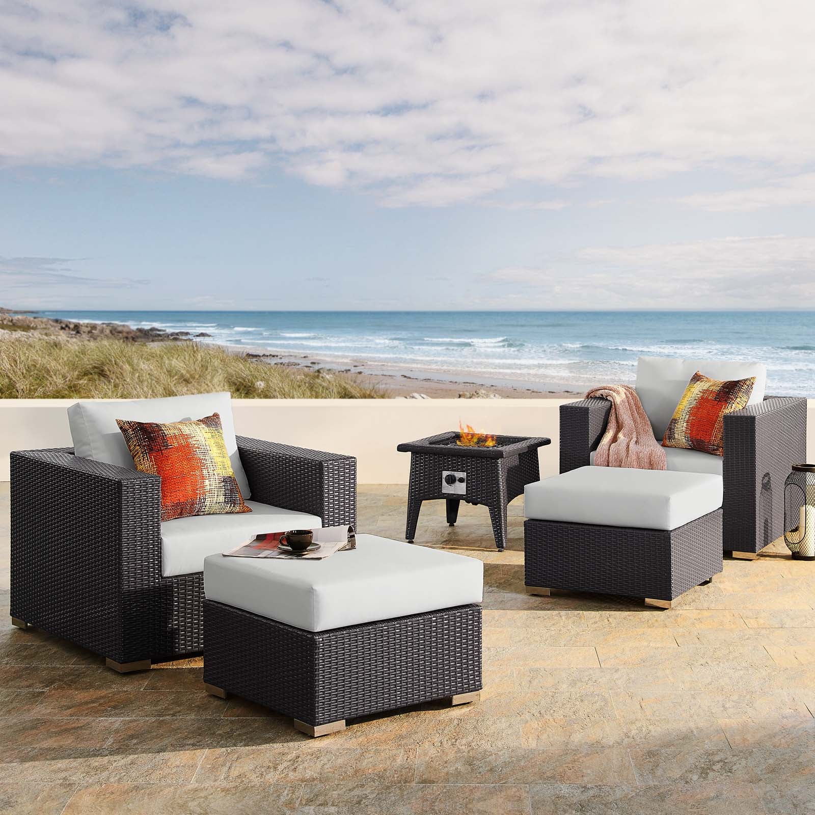Modway Convene 5 Piece Set Outdoor Patio with Fire Pit-EEI-3726 | Outdoor Sofas, Loveseats & Sectionals | 