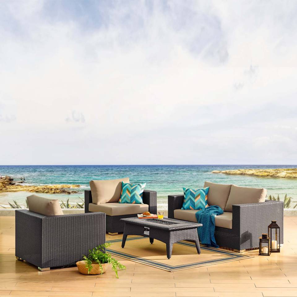 Modway Convene 5 Piece Set Outdoor Patio with Fire Pit | Outdoor Patio Daybed