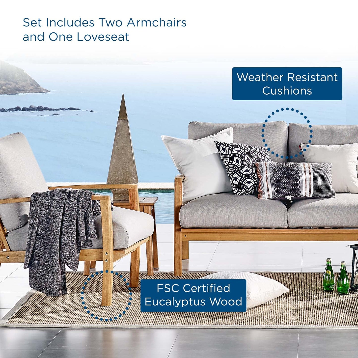 Orlean 3 Piece Outdoor Patio Eucalyptus Wood Set By Modway - EEI-3822 | Outdoor Sofas, Loveseats & Sectionals | Modishstore - 8