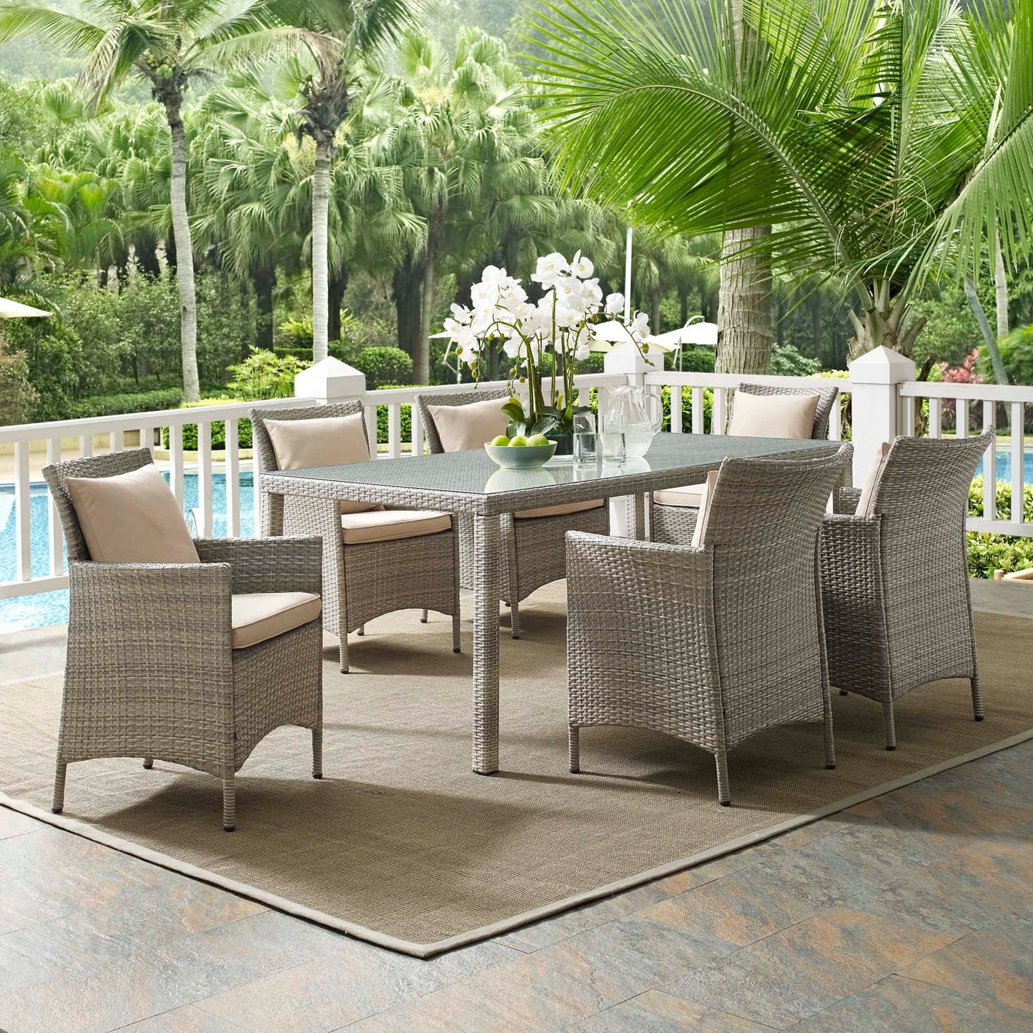 Modway Conduit 7 Piece Outdoor Patio Wicker Rattan Dining Set | Dining Sets