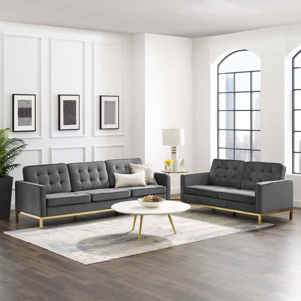 Modway Loft Gold Stainless Steel Leg Performance Velvet Sofa and Loveseat Set | Sofas | Modishstore