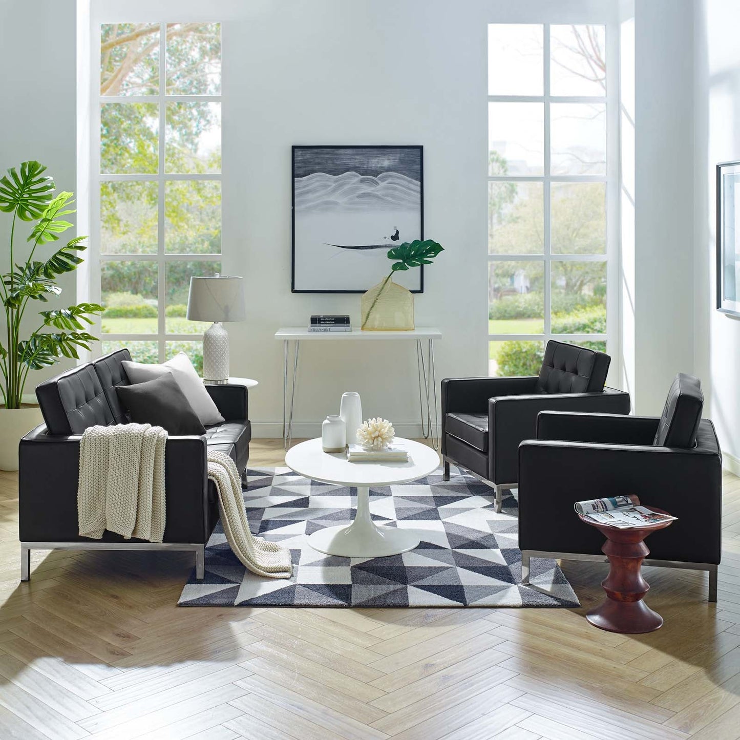 Modway Loft 3 Piece Tufted Upholstered Faux Leather Set | Sofas | Modishstore