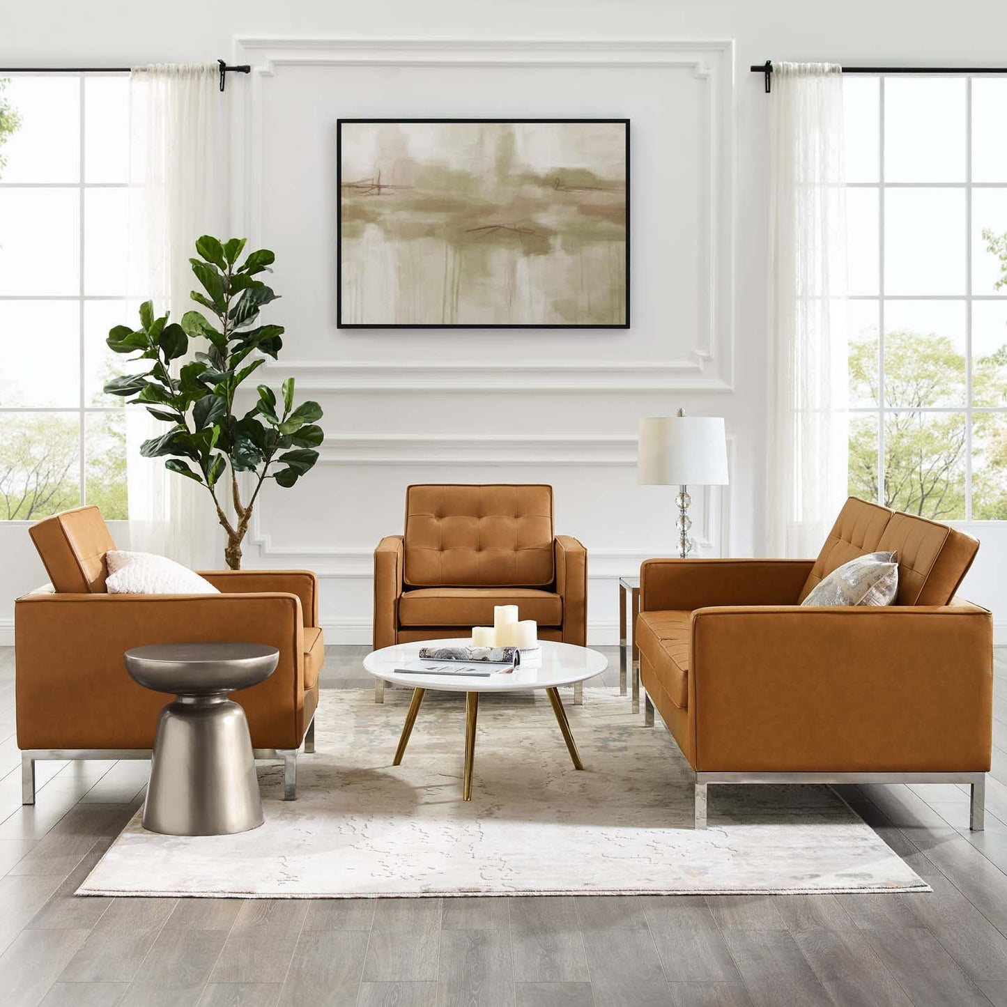 Modway Loft 3 Piece Tufted Upholstered Faux Leather Set | Sofas | Modishstore-12