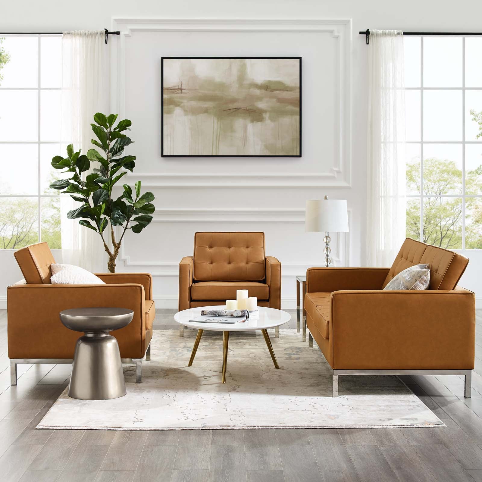 Modway Loft 3 Piece Tufted Upholstered Faux Leather Set | Sofas | Modishstore-12