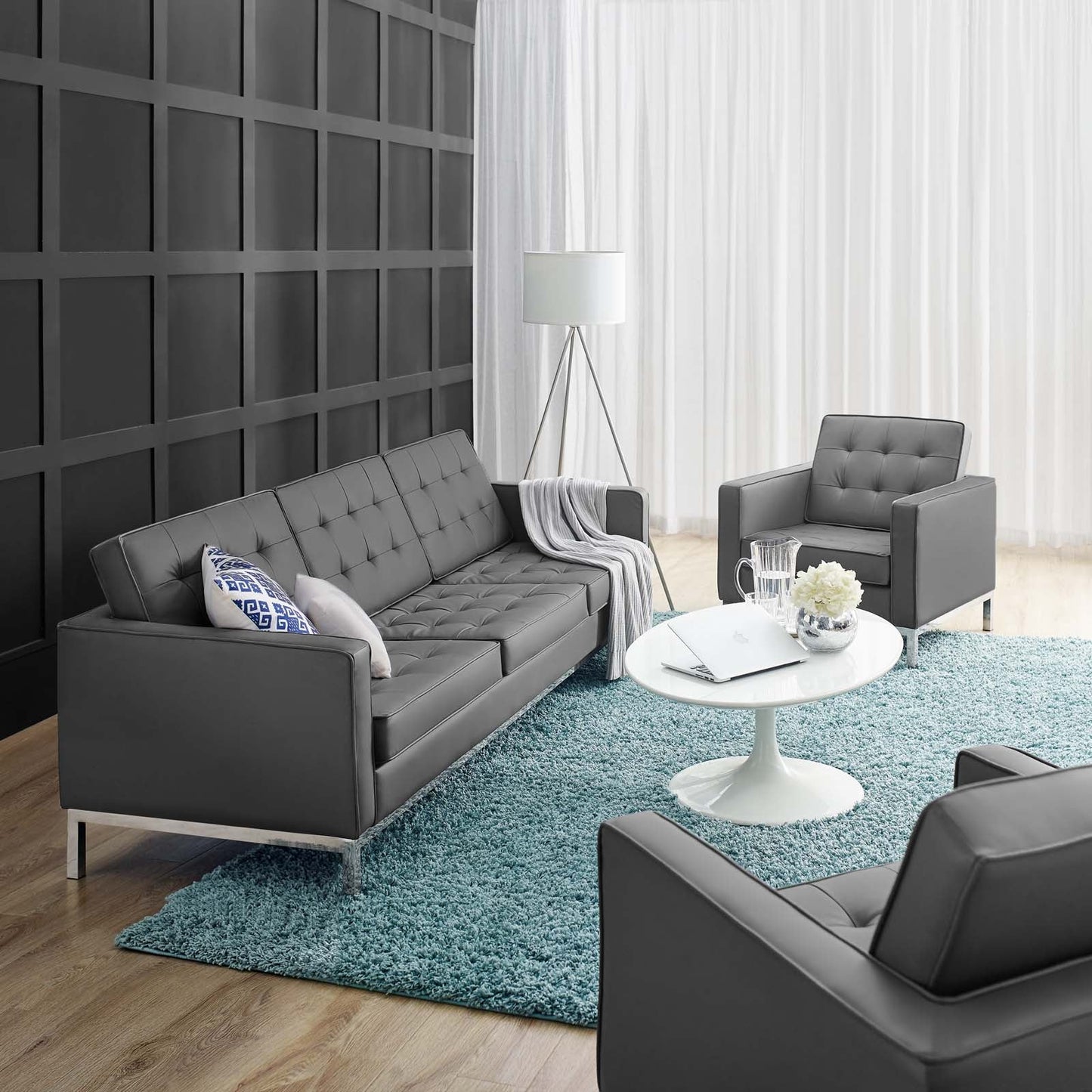 Modway Loft Tufted Upholstered Faux Leather Sofa and Armchair Set - EEI-4104