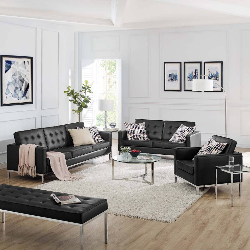 Modway Loft Tufted Upholstered Faux Leather 3 Piece Set | Sofas | Modishstore